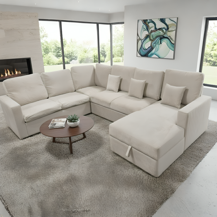 Viana Storage U Shape Velvet Beige Sofa