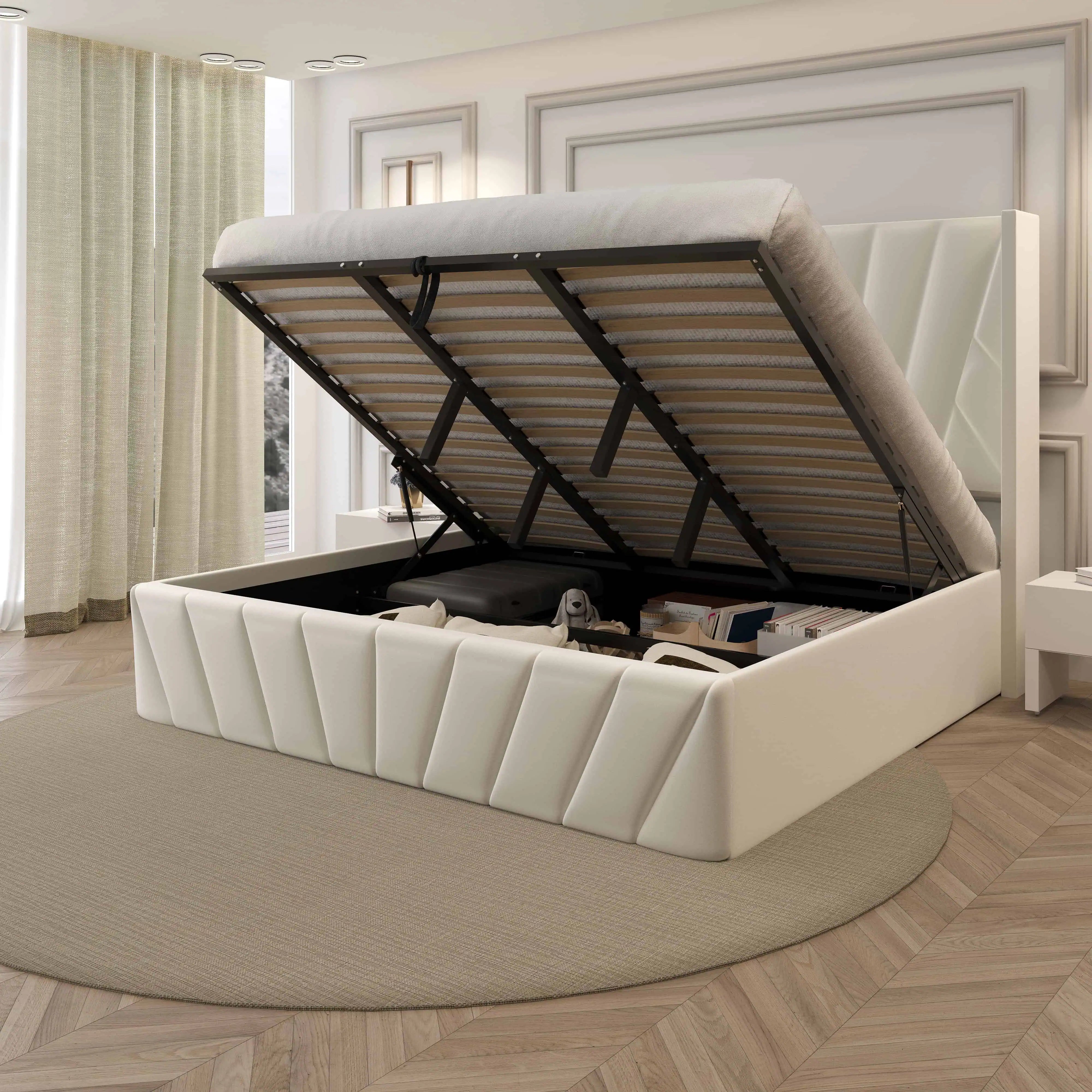 EVA_Upholstered_Platform_Bed_with_Hydraulic_Storage_Solid_Wood_Frame_Queen_-_King_Size_Ivory_2
