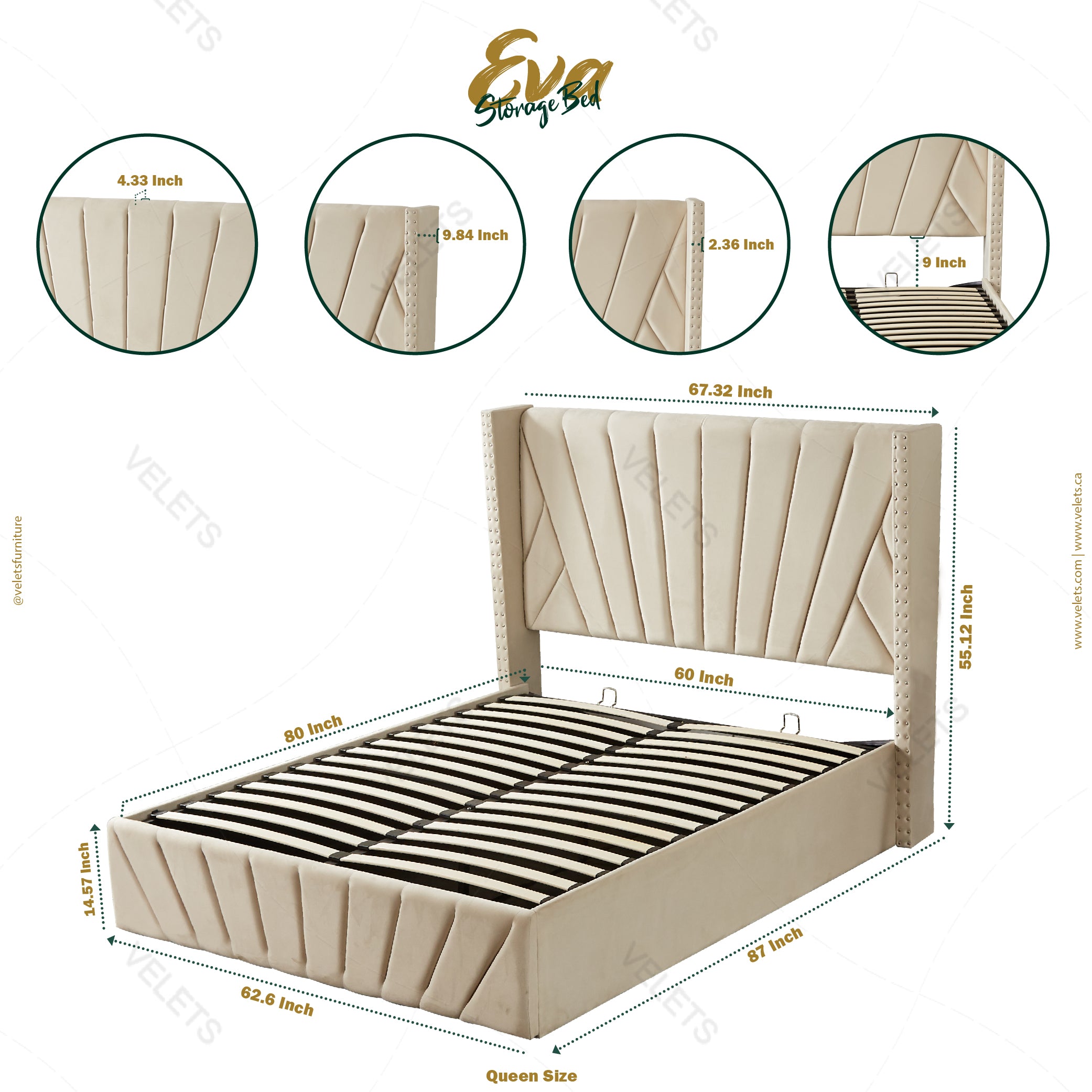 Velets Eva Contemporary Mid-Century Soft Padded Upholstered Platform Storage Bed Frame with Hydraulic Gas Lift Storage - Solid Wood Frame, Wood Slat System & Smart Hydraulic Under-Bed Storage - Dark Gray