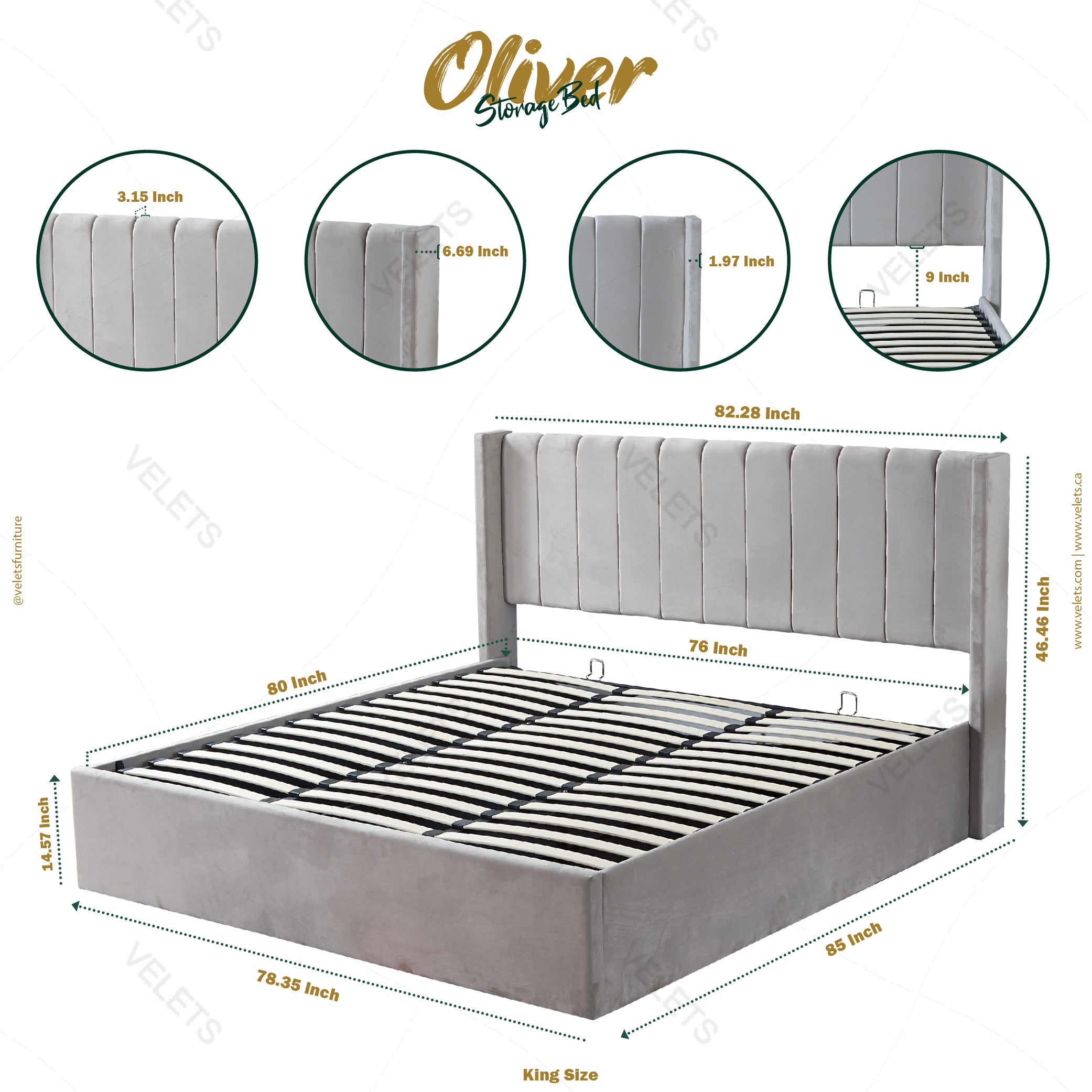 Velets Oliver Contemporary Mid-Century Soft Padded Upholstered Platform Storage Bed with Hydraulic Gas Lift Storage - Solid Wood Frame, Wood Slat System & Smart Hydraulic Under-Bed Storage - Light Gray