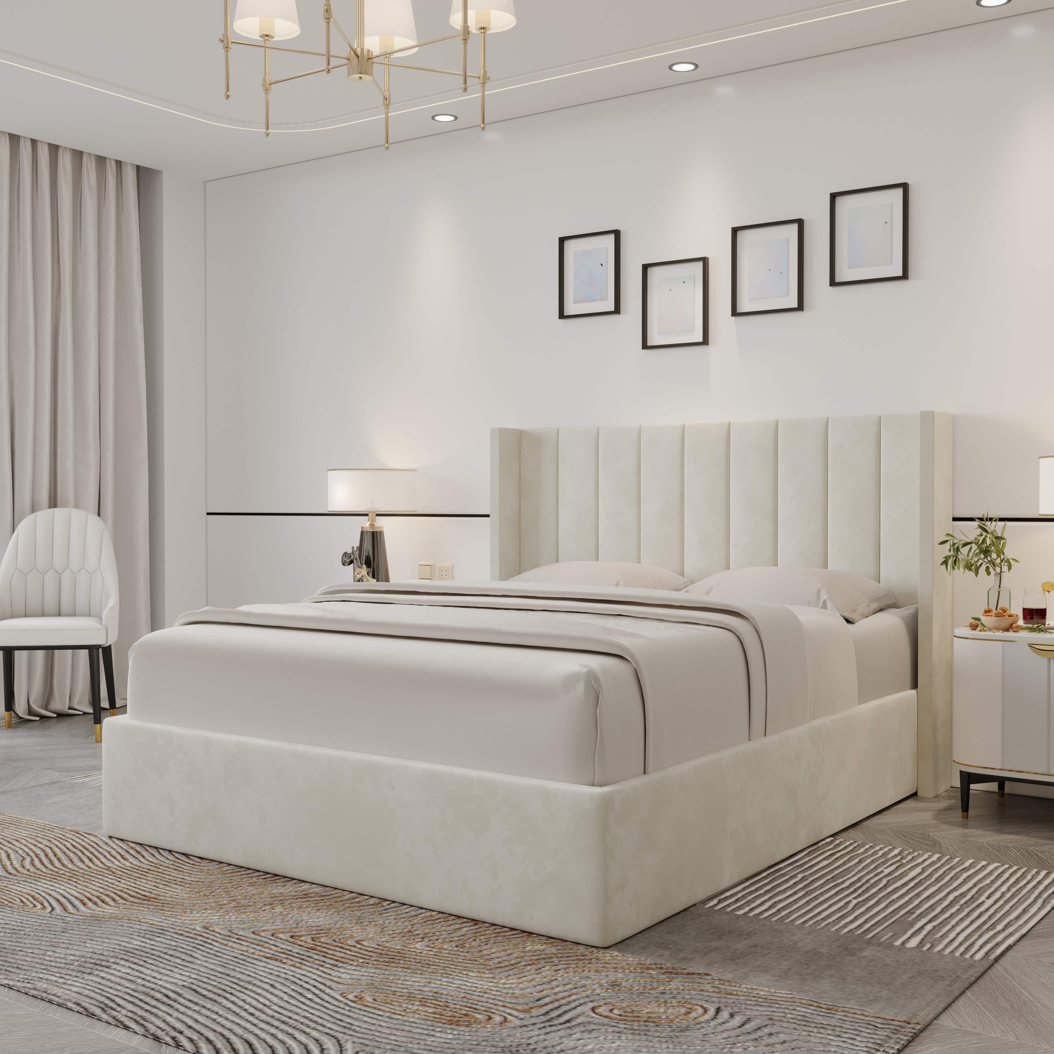 Oliver Mid‐Century Upholstered Platform Storage Bed Frame with Hydraulic Gas‐Lift & Solid Wood Slats – King/Queen/Double Size – 3