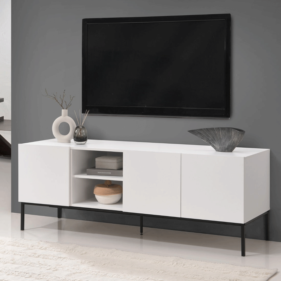 Aven TV Console | Modern Matte White Media Unit with Storage