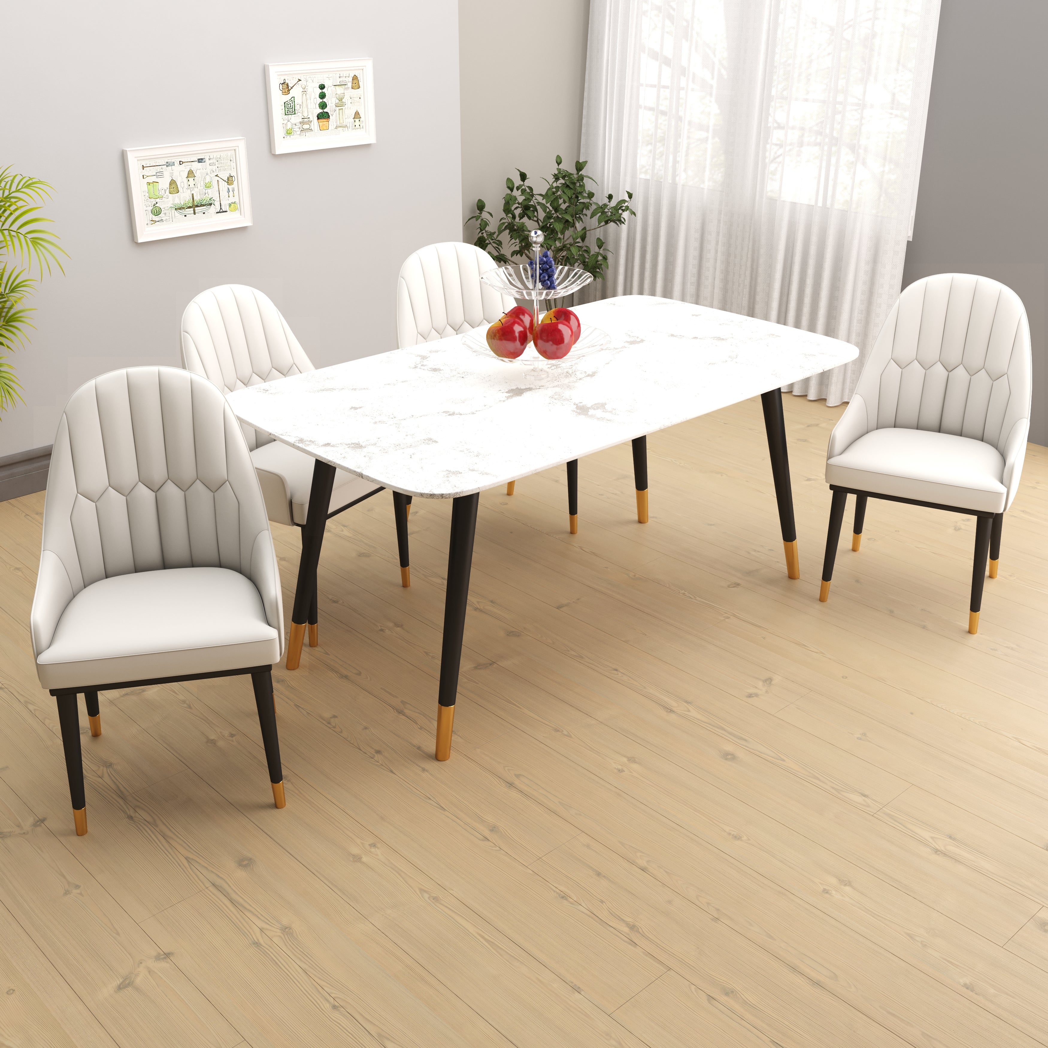 Velets Aura Set of 4 Upholstered Side Chair - Faux Leather -  White - Golden Tip Leg