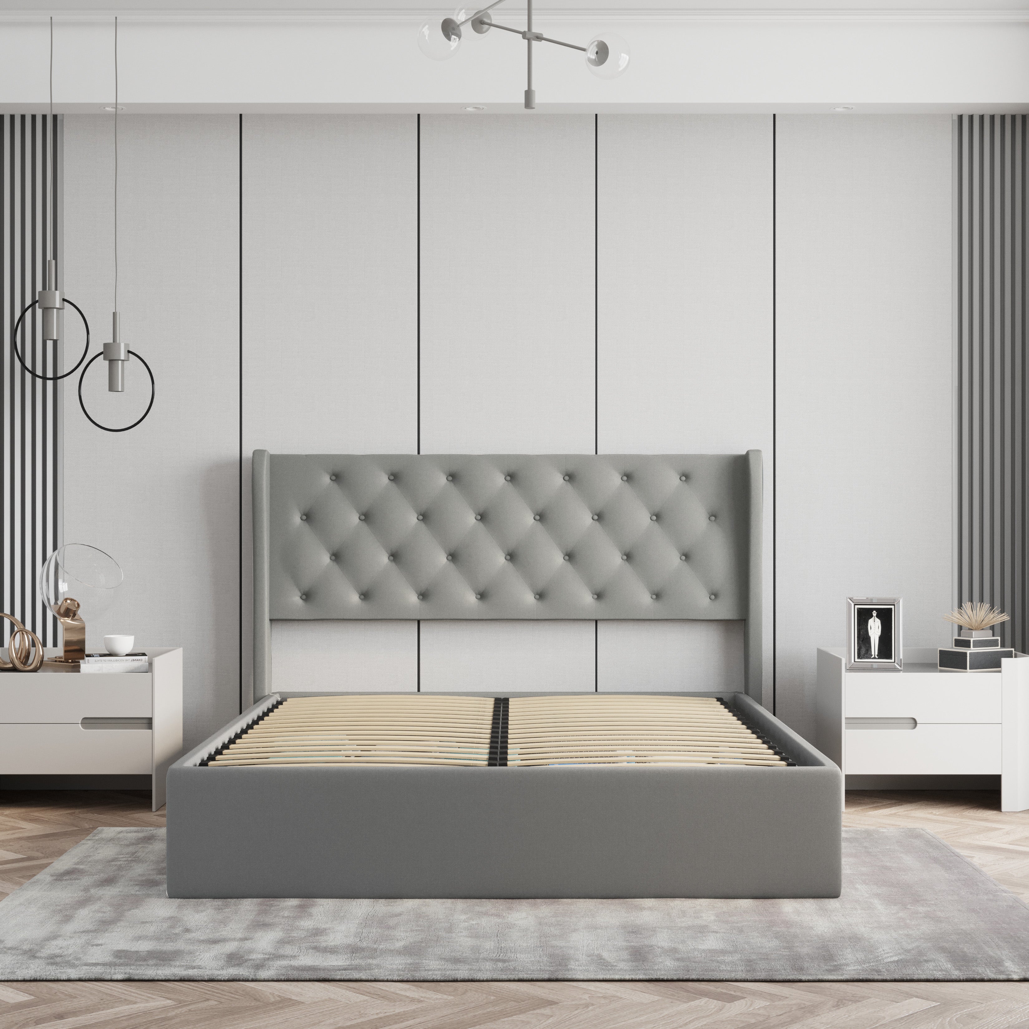 Velets Diva Contemporary Mid-Century Soft Padded Tufted Upholstered Platform Bed With Hydraulic Gas Lift Storage - Solid Wood Frame, Wood Slat System & Smart Hydraulic Under-Bed Storage - Light Gray