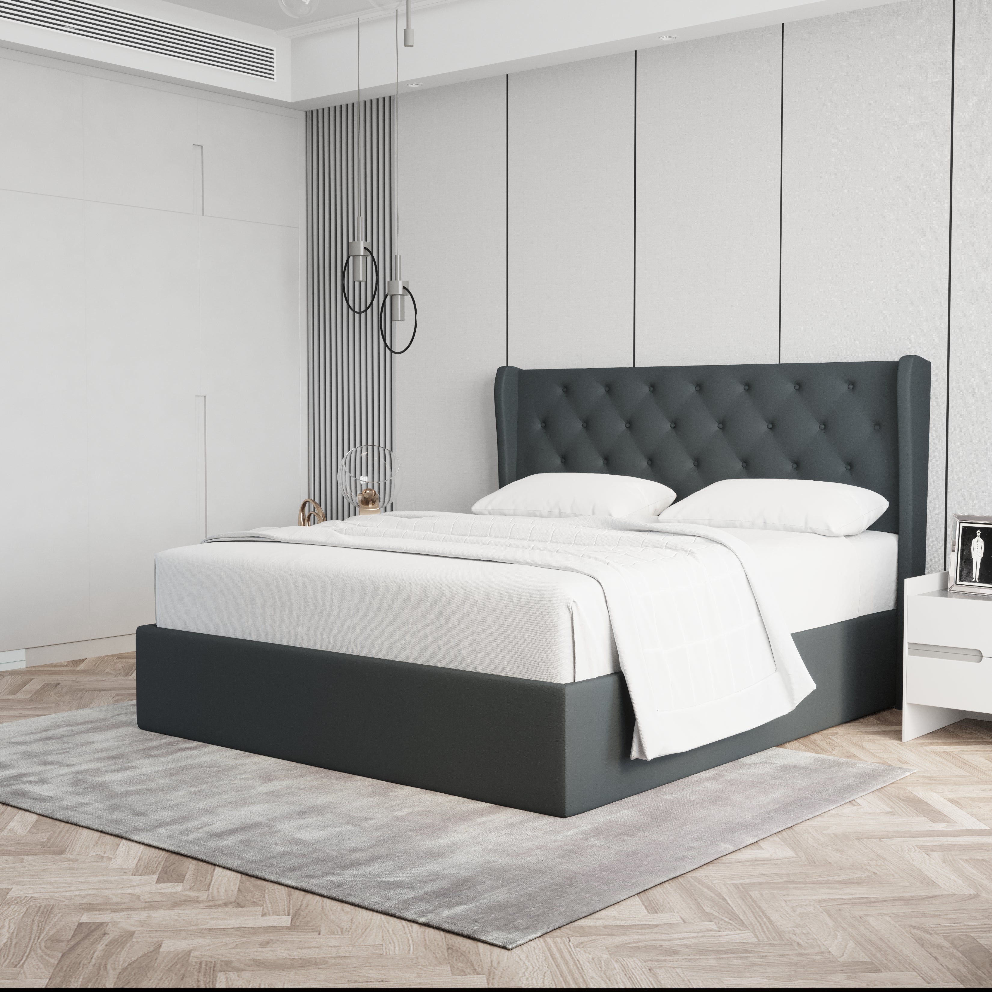 Velets Diva Contemporary Mid-Century Soft Padded Tufted Upholstered Platform Bed with Hydraulic Gas Lift Storage - Solid Wood Frame, Wood Slat System & Smart Hydraulic Under-Bed Storage - Dark Gray