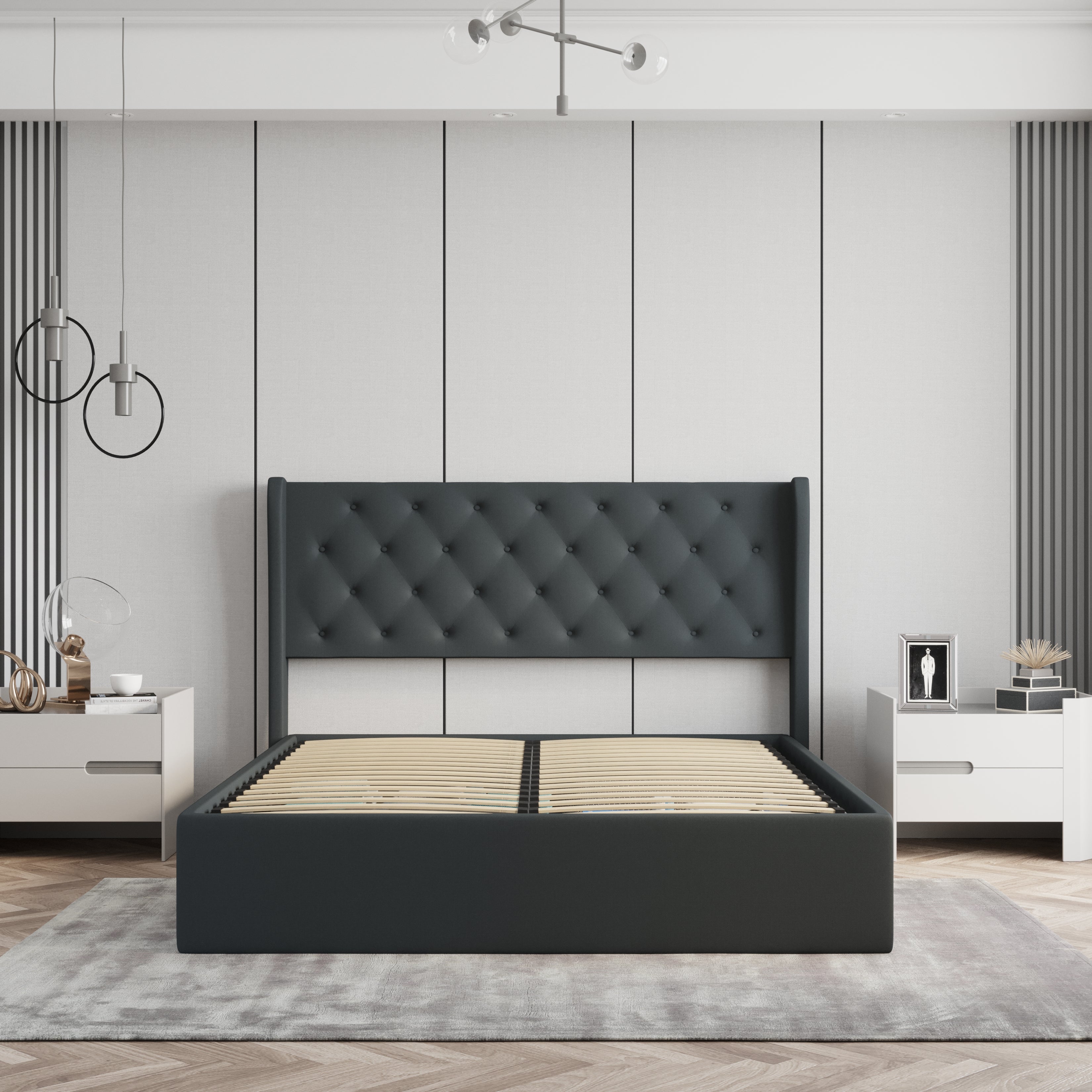 Velets Diva Contemporary Mid-Century Soft Padded Tufted Upholstered Platform Bed with Hydraulic Gas Lift Storage - Solid Wood Frame, Wood Slat System & Smart Hydraulic Under-Bed Storage - Dark Gray
