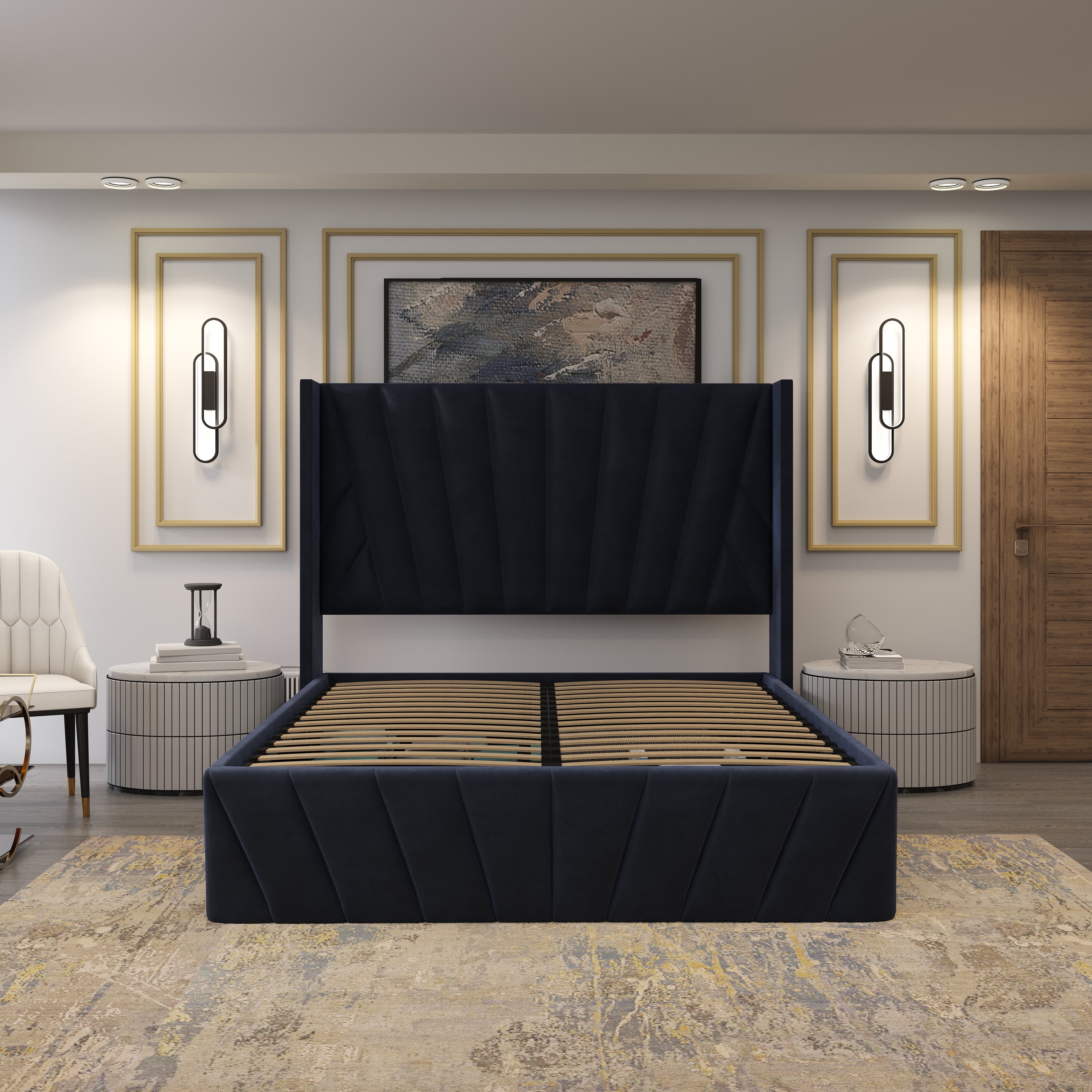 Velets Eva Contemporary Mid-Century Soft Padded Upholstered Platform Storage Bed Frame with Hydraulic Gas Lift Storage - Solid Wood Frame, Wood Slat System & Smart Hydraulic Under-Bed Storage - Black