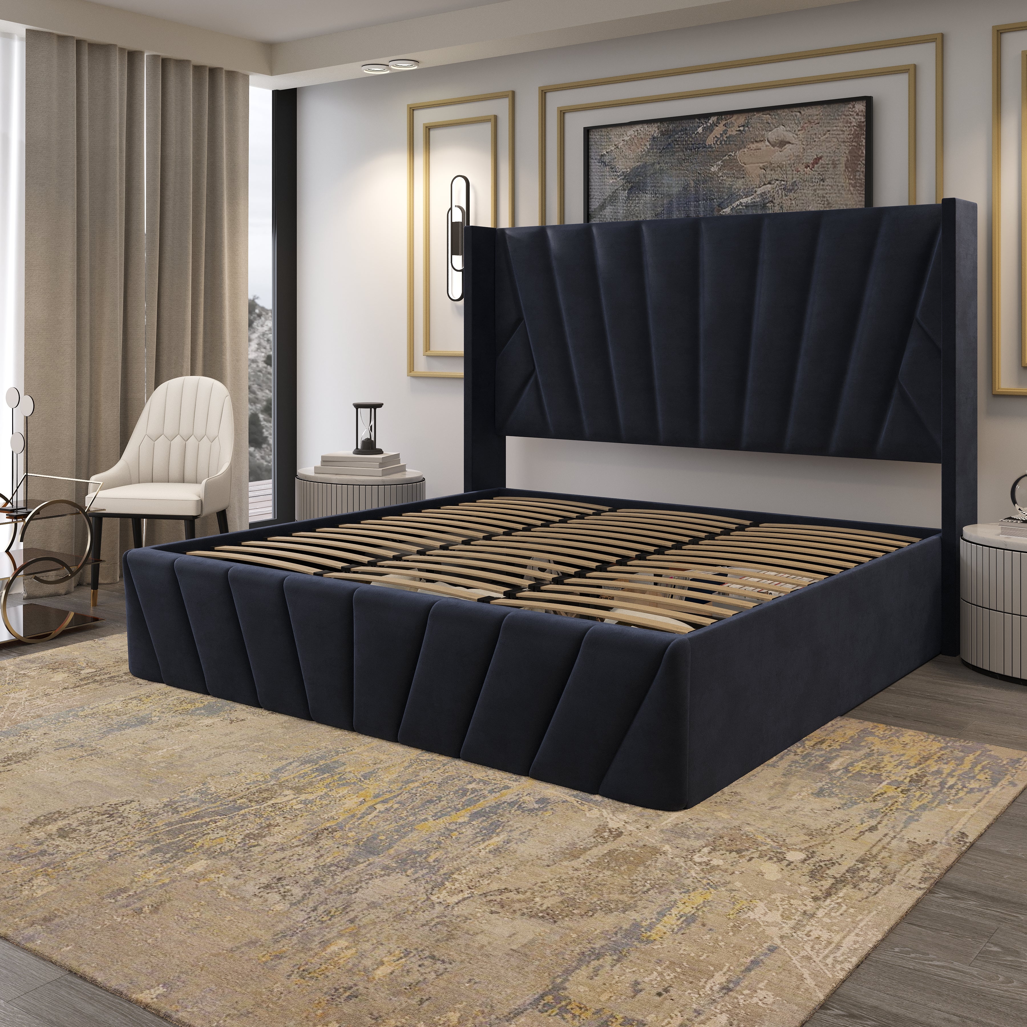 Velets Eva Contemporary Mid-Century Soft Padded Upholstered Platform Storage Bed Frame with Hydraulic Gas Lift Storage - Solid Wood Frame, Wood Slat System & Smart Hydraulic Under-Bed Storage - Black
