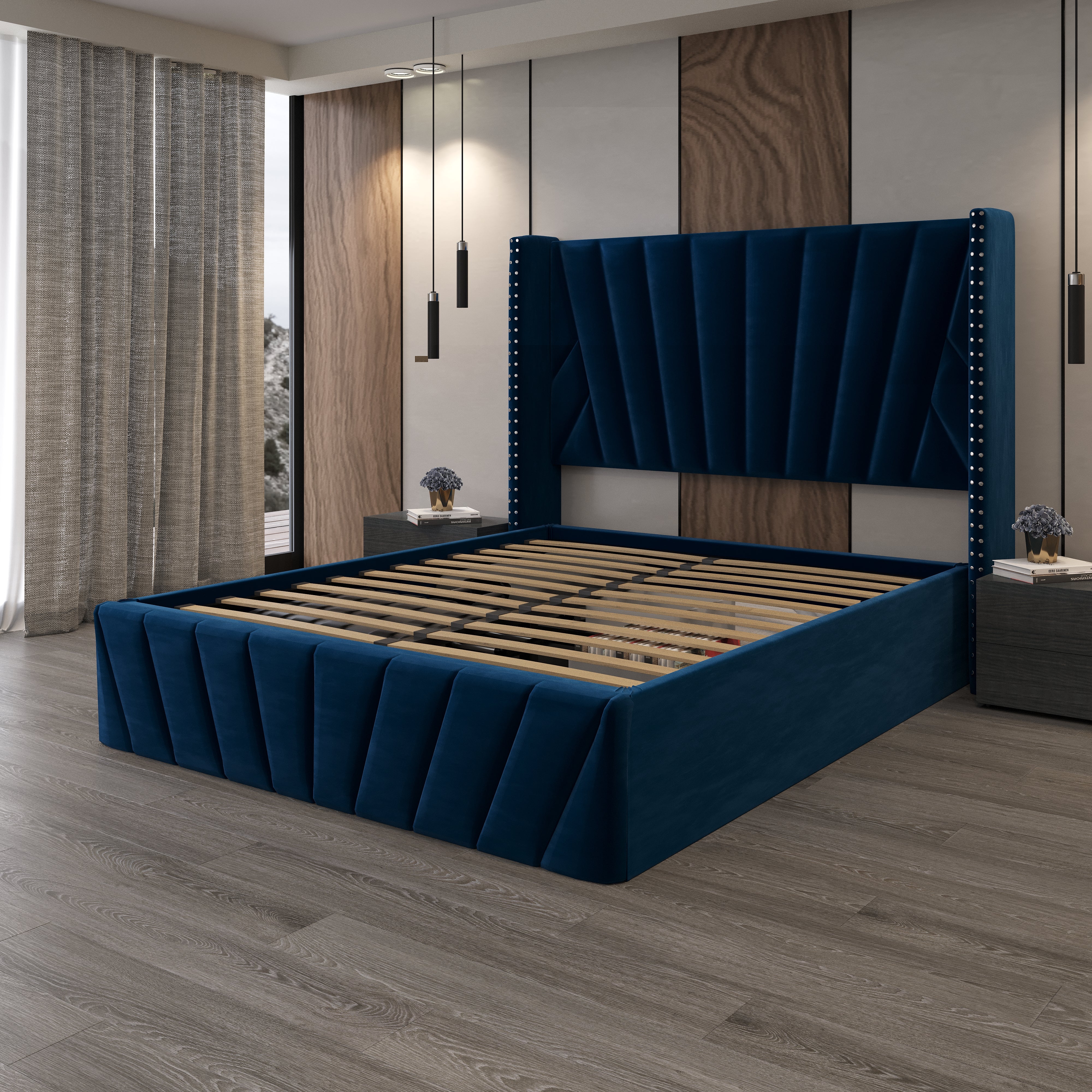 Velets Eva Contemporary Mid-Century Soft Padded Upholstered Platform Storage Bed Frame with Hydraulic Gas Lift Storage - Solid Wood Frame, Wood Slat System & Smart Hydraulic Under-Bed Storage - Blue