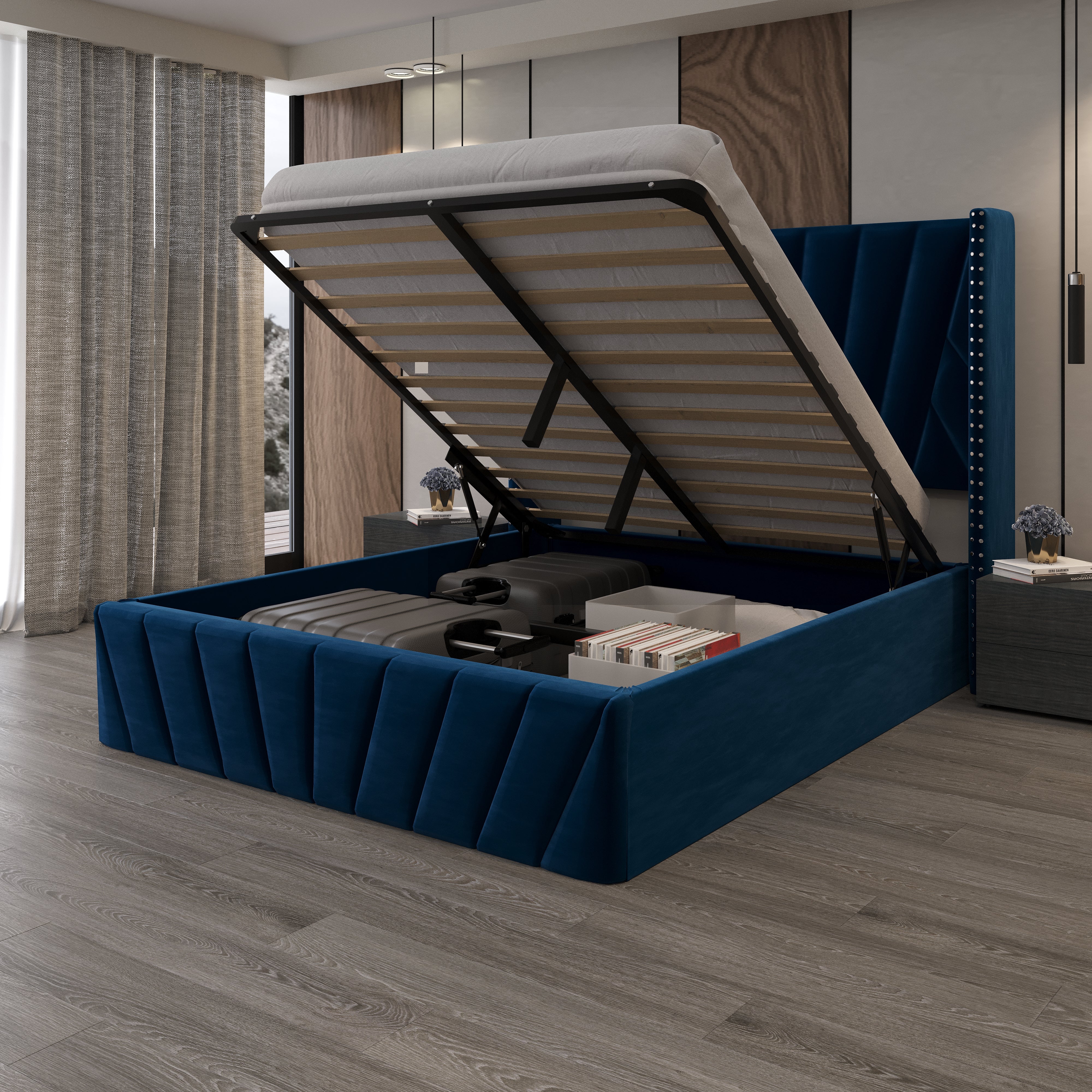 Velets Eva Contemporary Mid-Century Soft Padded Upholstered Platform Storage Bed Frame with Hydraulic Gas Lift Storage - Solid Wood Frame, Wood Slat System & Smart Hydraulic Under-Bed Storage - Blue