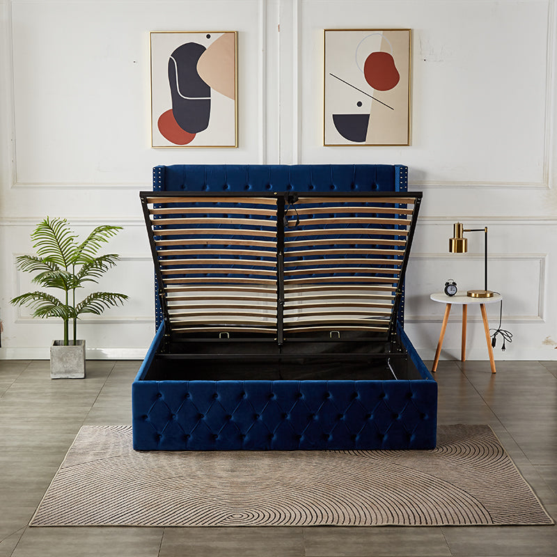 Velets Julien Contemporary Mid-Century Soft Padded Tufted Upholstered Platform Storage Bed With Hydraulic Gas Lift Storage - Solid Wood Frame, Wood Slat System & Smart Hydraulic Under-Bed Storage - Blue