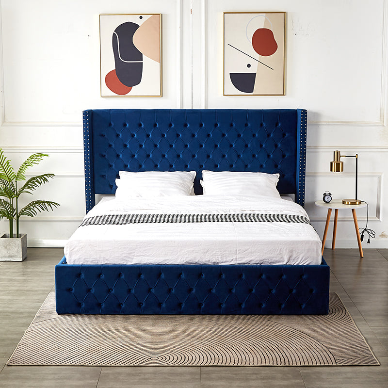 Velets Julien Contemporary Mid-Century Soft Padded Tufted Upholstered Platform Storage Bed With Hydraulic Gas Lift Storage - Solid Wood Frame, Wood Slat System & Smart Hydraulic Under-Bed Storage - Blue