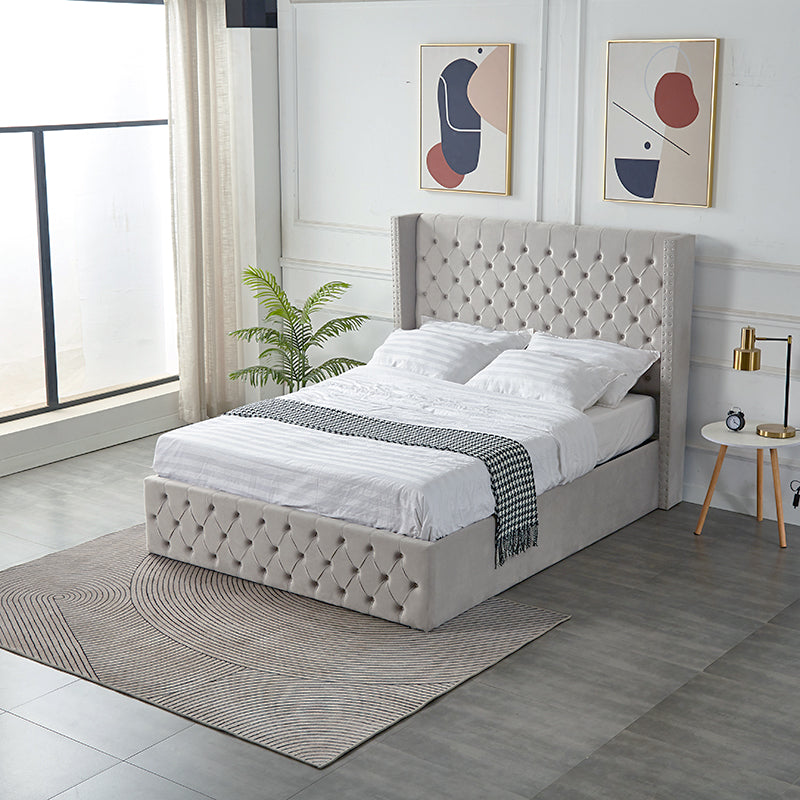 Velets Julien Contemporary Mid-Century Soft Padded Tufted Upholstered Platform Storage Bed with Hydraulic Gas Lift Storage - Solid Wood Frame, Wood Slat System & Smart Hydraulic Under-Bed Storage - Light Gray