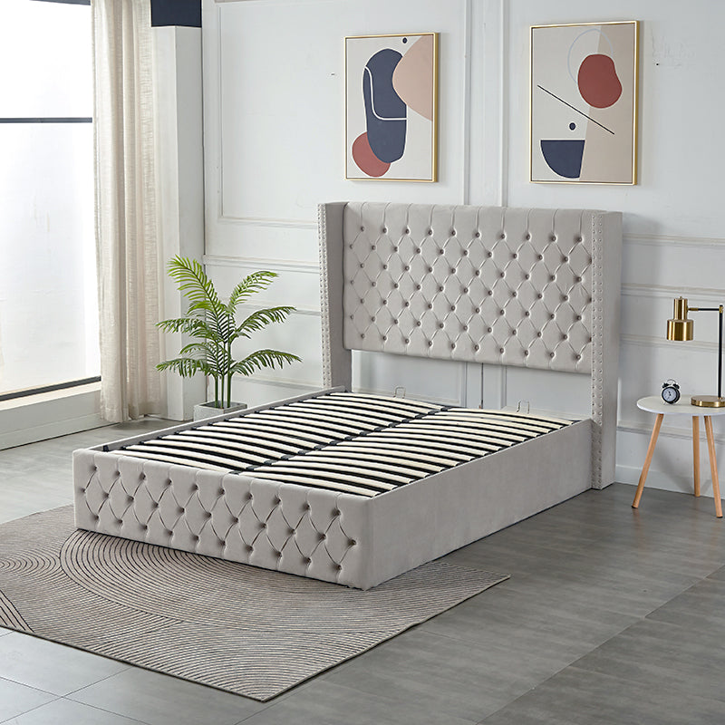 Velets Julien Contemporary Mid-Century Soft Padded Tufted Upholstered Platform Storage Bed with Hydraulic Gas Lift Storage - Solid Wood Frame, Wood Slat System & Smart Hydraulic Under-Bed Storage - Light Gray