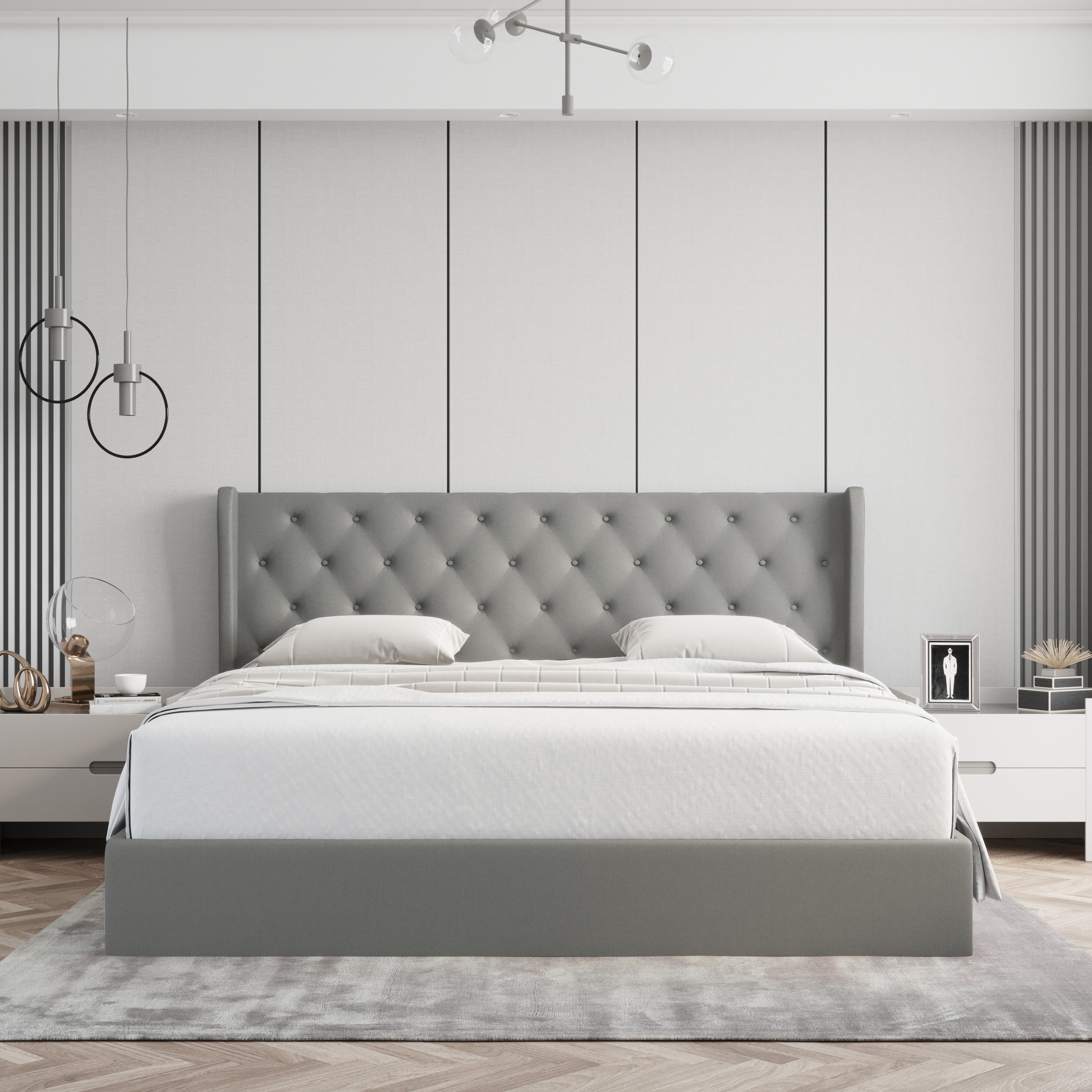 Velets Diva Contemporary Mid-Century Soft Padded Tufted Upholstered Platform Bed With Hydraulic Gas Lift Storage - Solid Wood Frame, Wood Slat System & Smart Hydraulic Under-Bed Storage - Light Gray