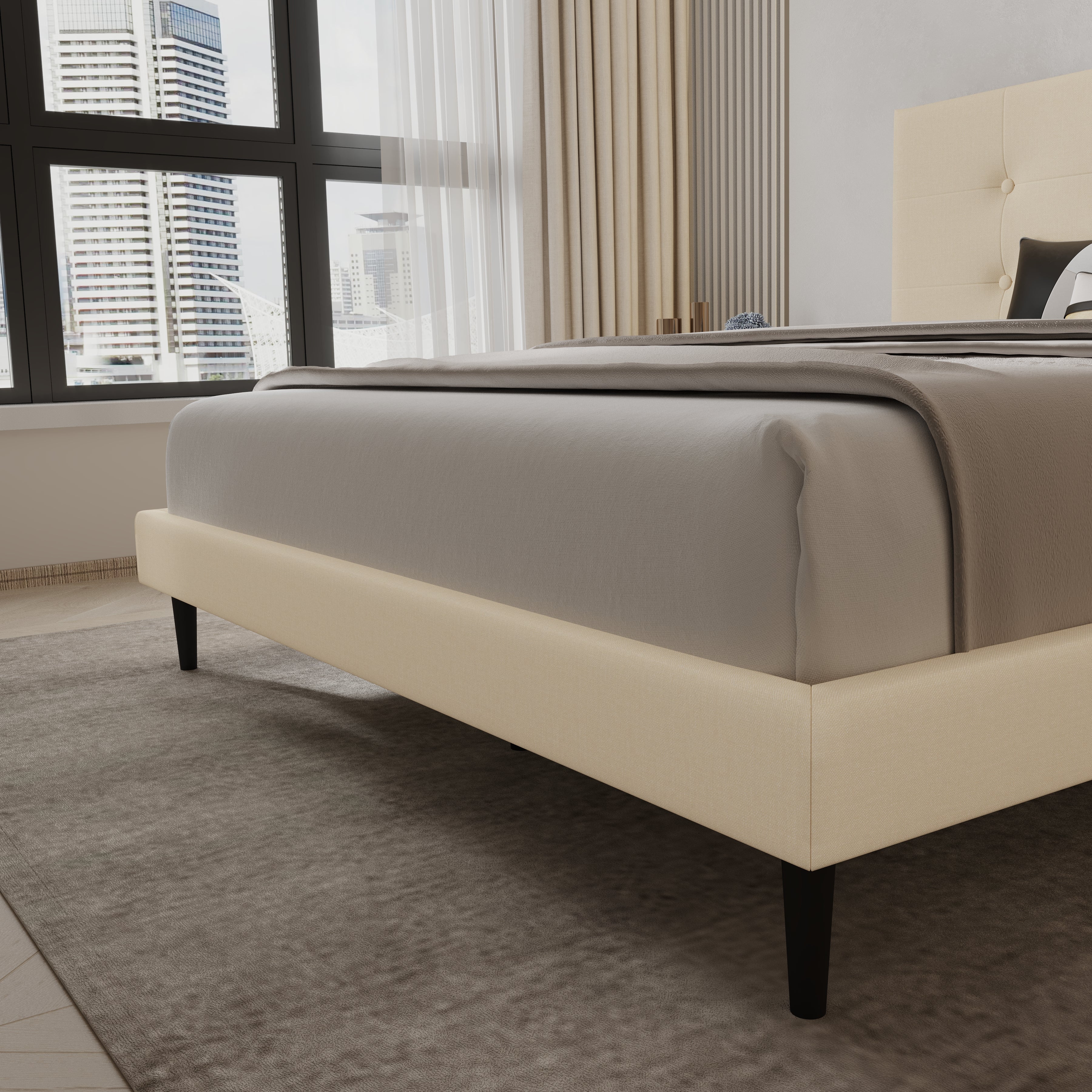 Velets Nora Contemporary Mid-Century Soft Padded Tufted Fabric Upholstered Low-profile Platform Bed with Adjustable Headboard - Solid Wood Frame Construction, Wood Slat System - Beige