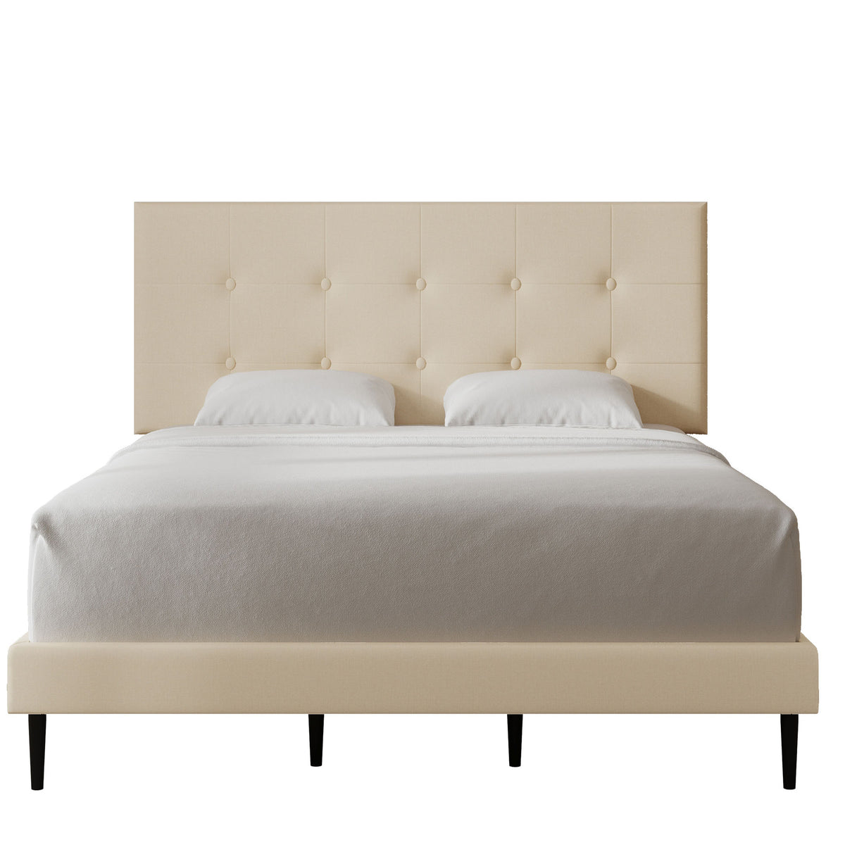 Velets Nora Contemporary Mid-Century Soft Padded Tufted Fabric Upholstered Low-profile Platform Bed with Adjustable Headboard - Solid Wood Frame Construction, Wood Slat System - Beige