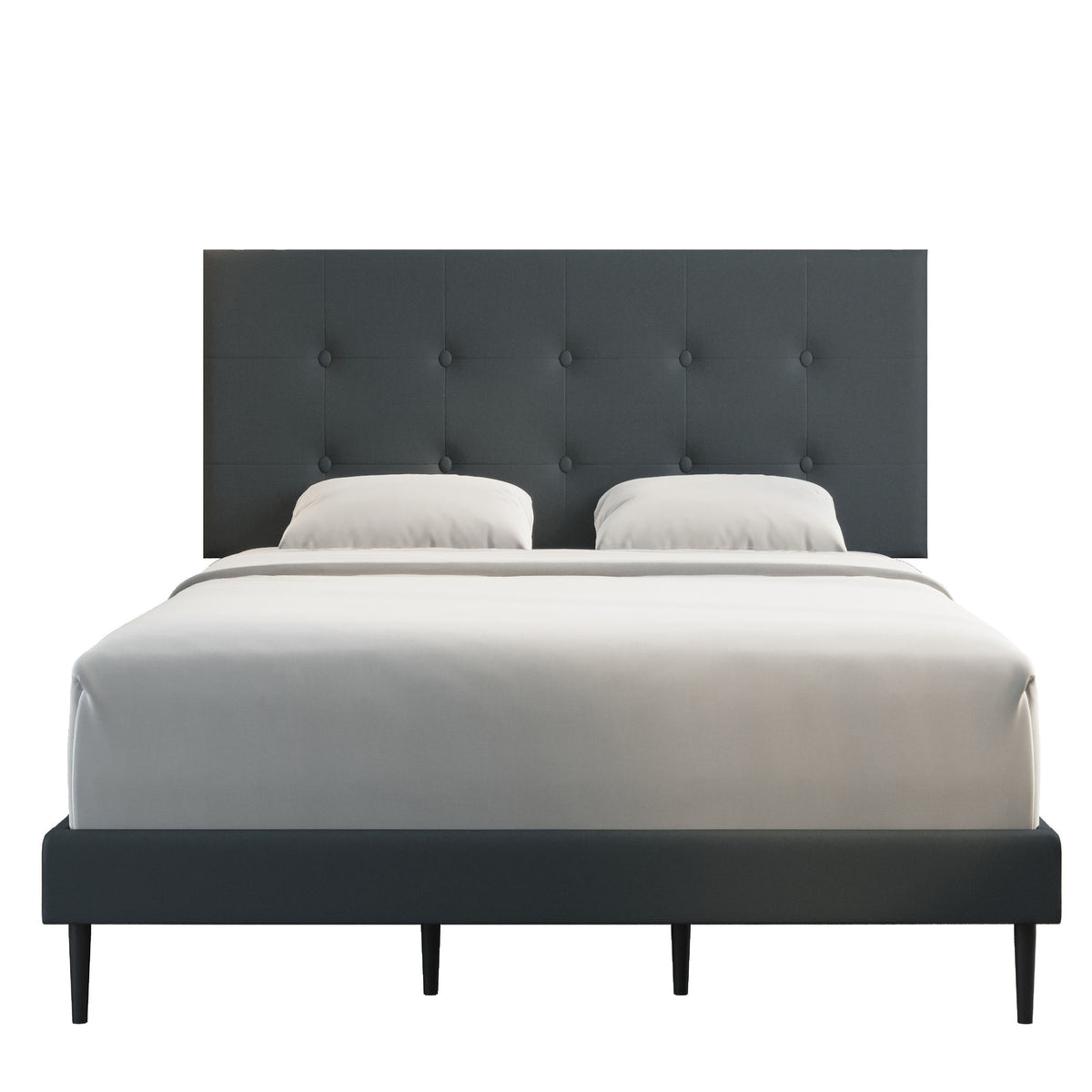 Velets Nora Contemporary Mid-Century Soft Padded Tufted Fabric Upholstered Low-profile Platform Bed with Adjustable Headboard - Solid Wood Frame Construction, Wood Slat System - Dark Gray