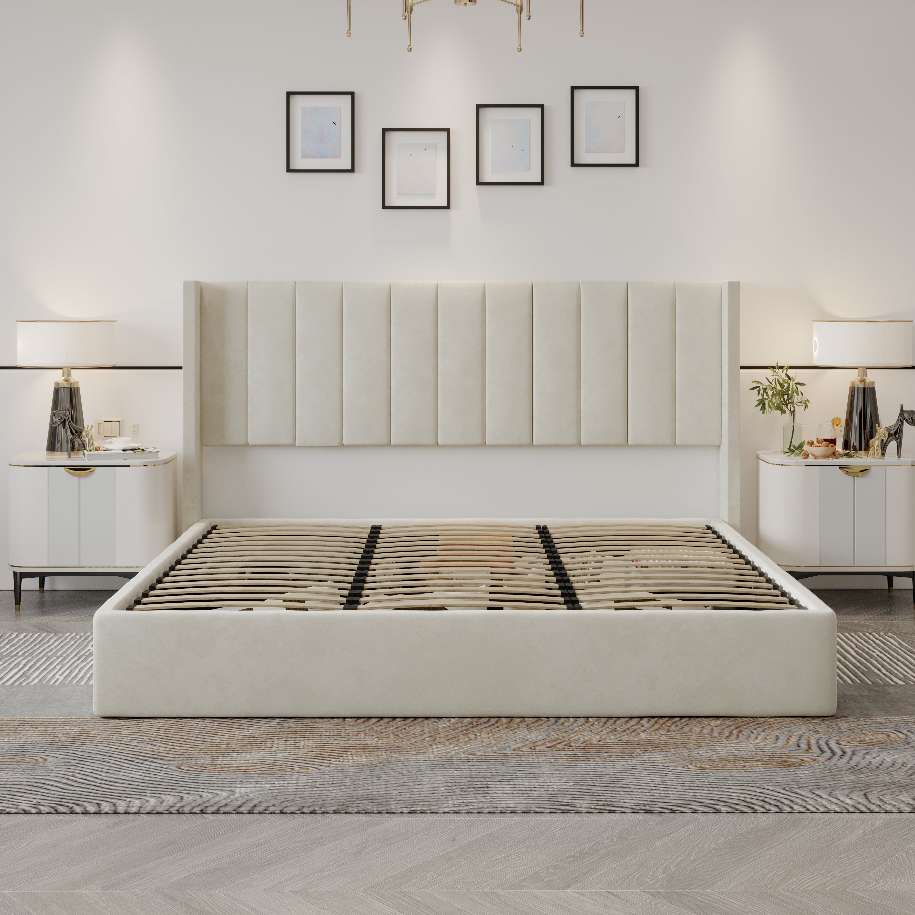 Velets Oliver Contemporary Mid-Century Soft Padded Upholstered Platform Storage Bed with Hydraulic Gas Lift Storage - Solid Wood Frame, Wood Slat System & Smart Hydraulic Under-Bed Storage -  Ivory