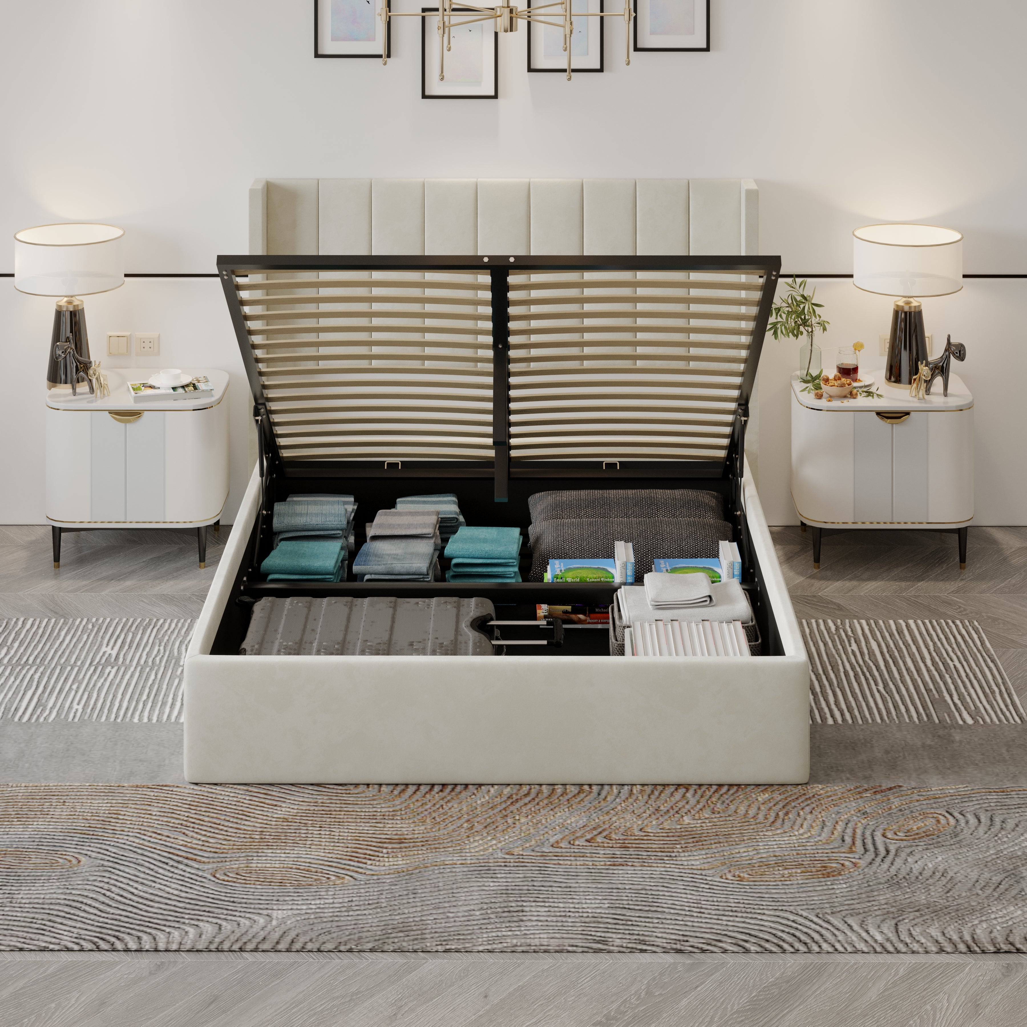 Velets Oliver Contemporary Mid-Century Soft Padded Upholstered Platform Storage Bed with Hydraulic Gas Lift Storage - Solid Wood Frame, Wood Slat System & Smart Hydraulic Under-Bed Storage -  Ivory