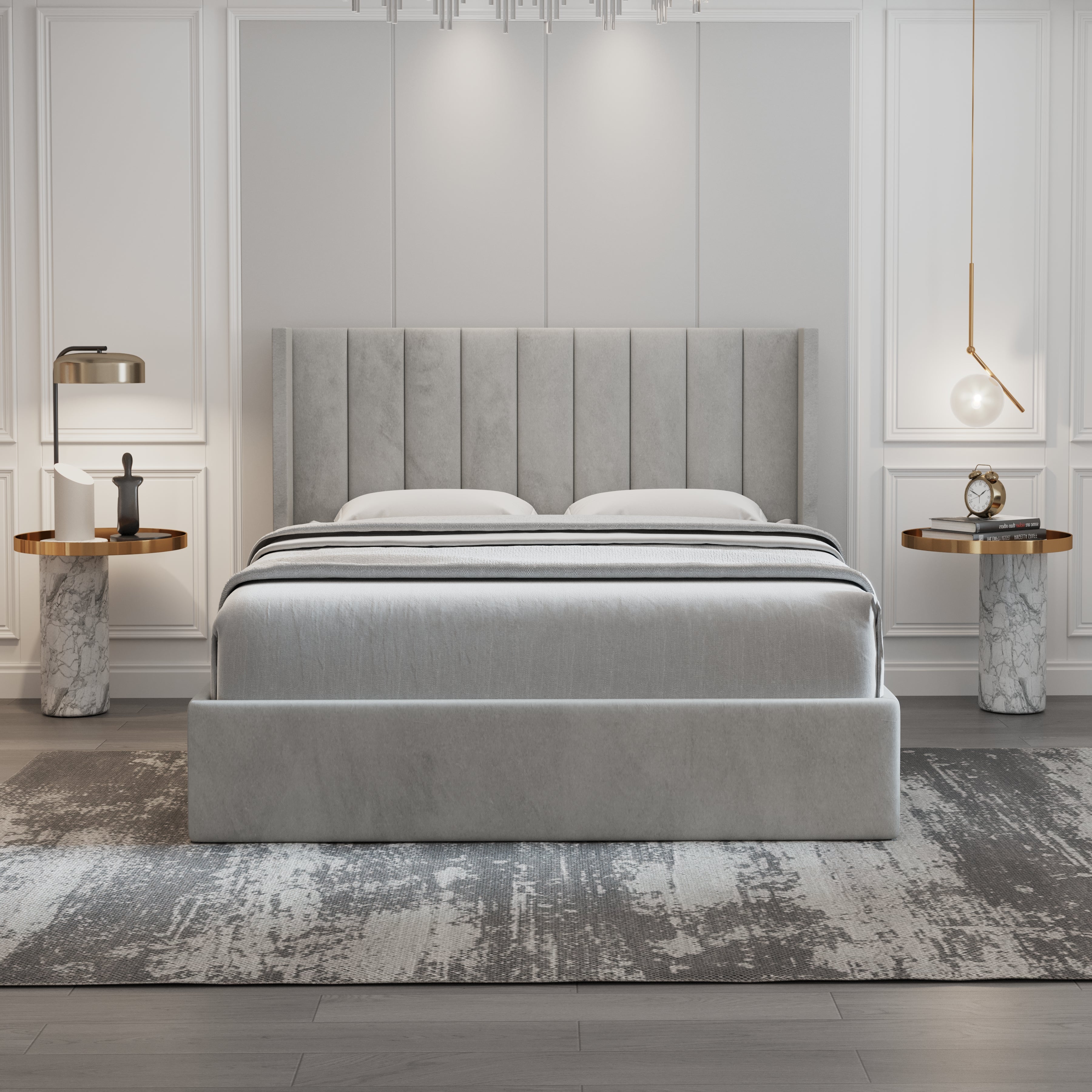 Velets Oliver Contemporary Mid-Century Soft Padded Upholstered Platform Storage Bed with Hydraulic Gas Lift Storage - Solid Wood Frame, Wood Slat System & Smart Hydraulic Under-Bed Storage - Light Gray
