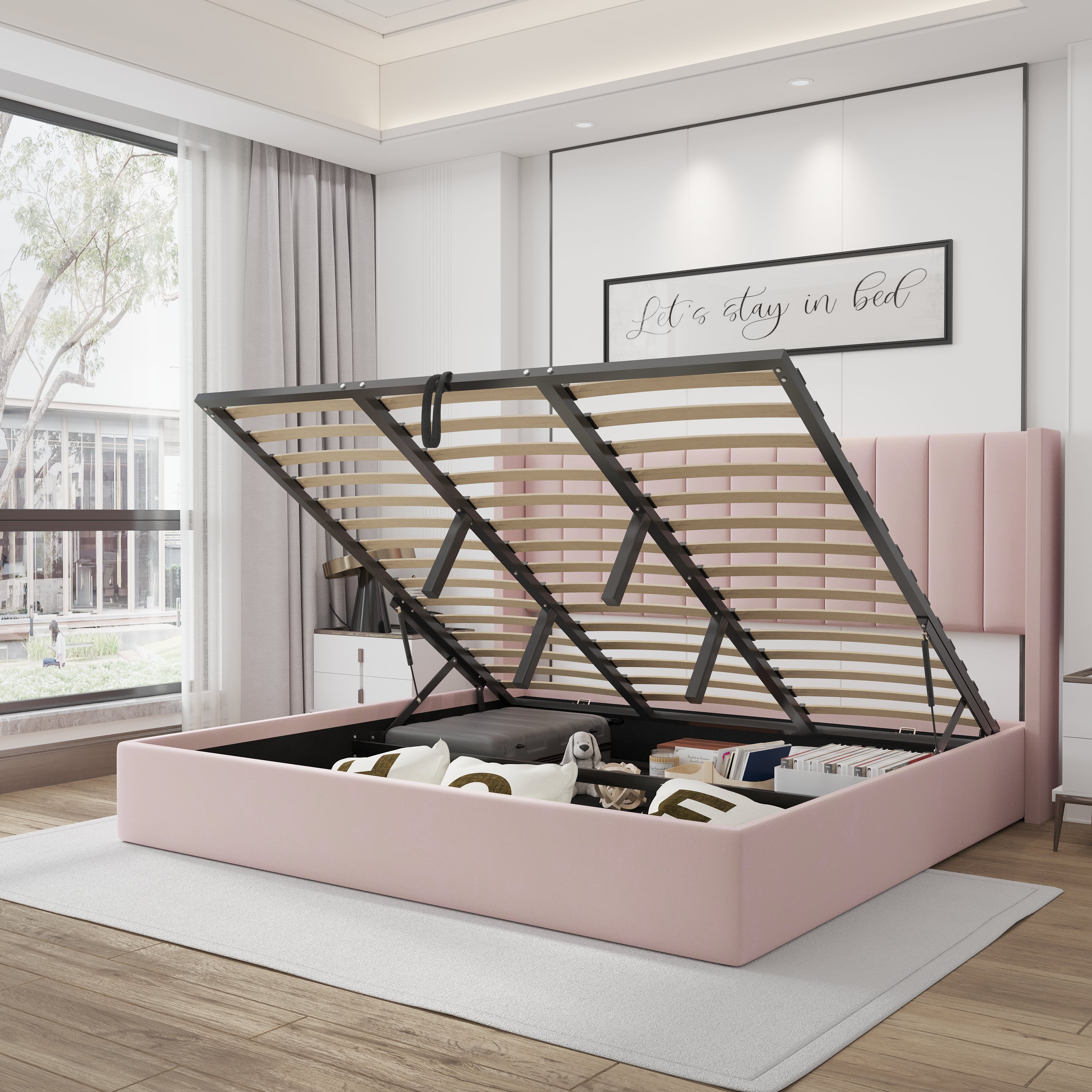 Velets Oliver Contemporary Mid-Century Soft Padded Upholstered Platform Storage Bed with Hydraulic Gas Lift Storage - Solid Wood Frame, Wood Slat System & Smart Hydraulic Under-Bed Storage - Pink