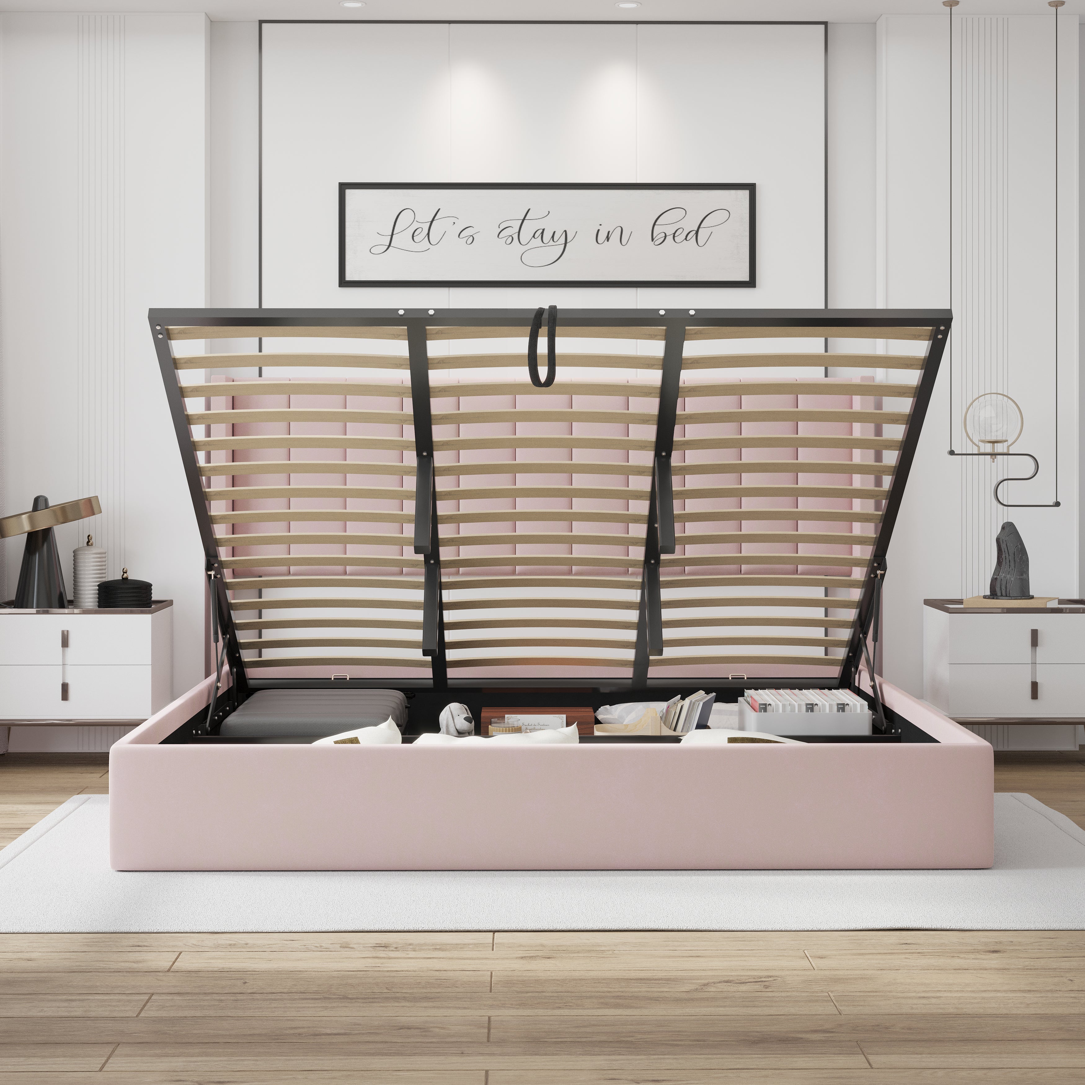 Velets Oliver Contemporary Mid-Century Soft Padded Upholstered Platform Storage Bed with Hydraulic Gas Lift Storage - Solid Wood Frame, Wood Slat System & Smart Hydraulic Under-Bed Storage - Pink