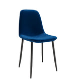 Ensemble de 4 chaises d'appoint Sera de Velets, revêtues de velours bleu et dotées de pieds noirs.