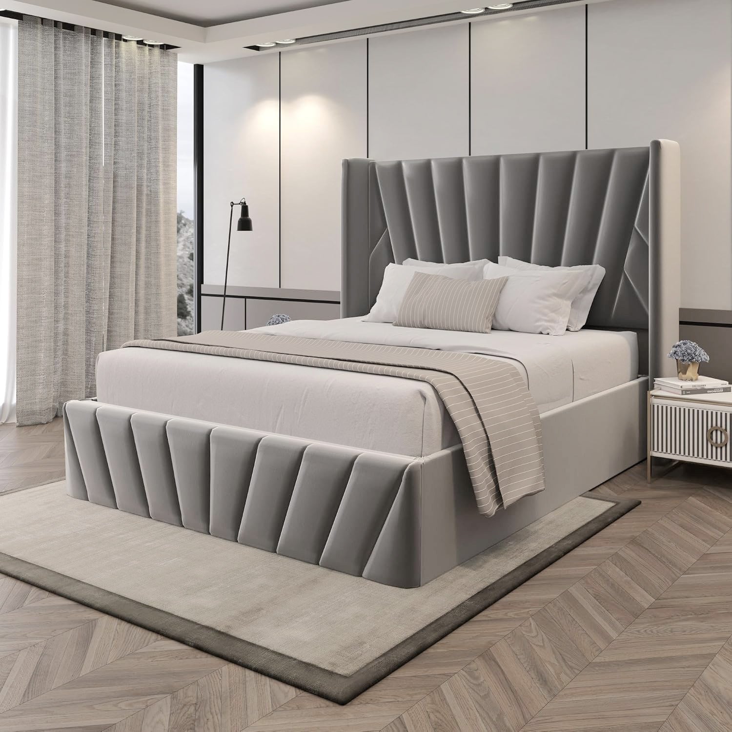 Velets EVA Upholstered Platform Bed with Hydraulic Storage – Solid Wood Frame – Queen/King Size – Dark Gray