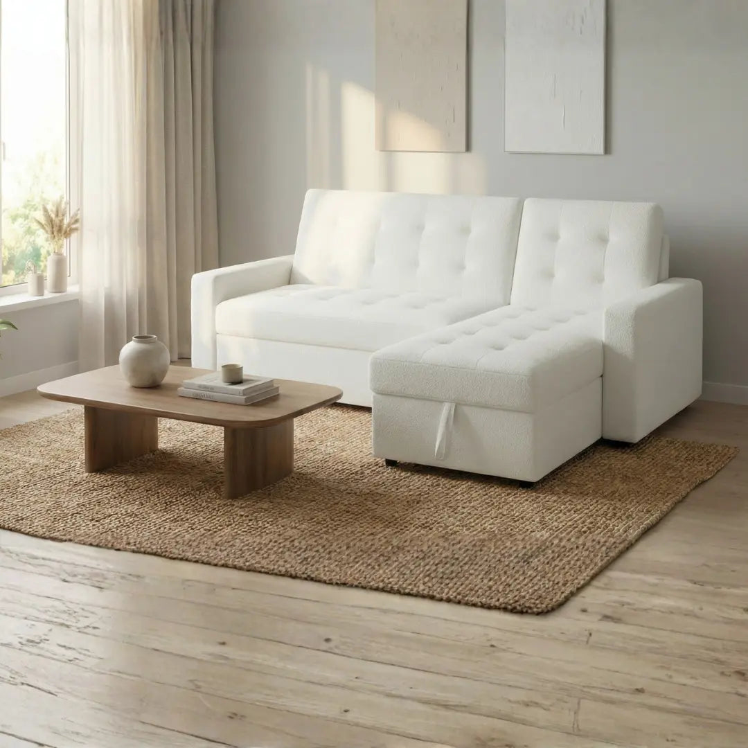 Zane Boucle White Sofa Bed with Hidden Storage