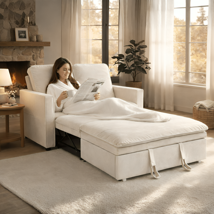 Zoya Ivory Double Size Pull Out Sofa Velvet Bed