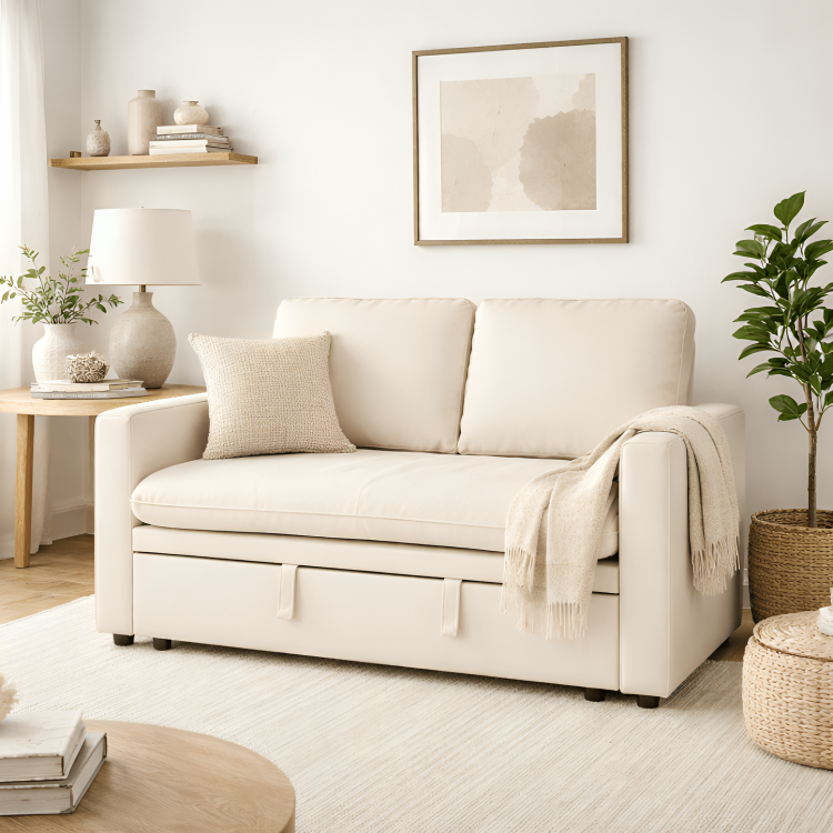 Zoya Ivory Double Size Pull Out Sofa Velvet Bed