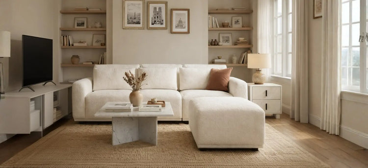 Modern living room with a white sofa, coffee table, and decorative items.