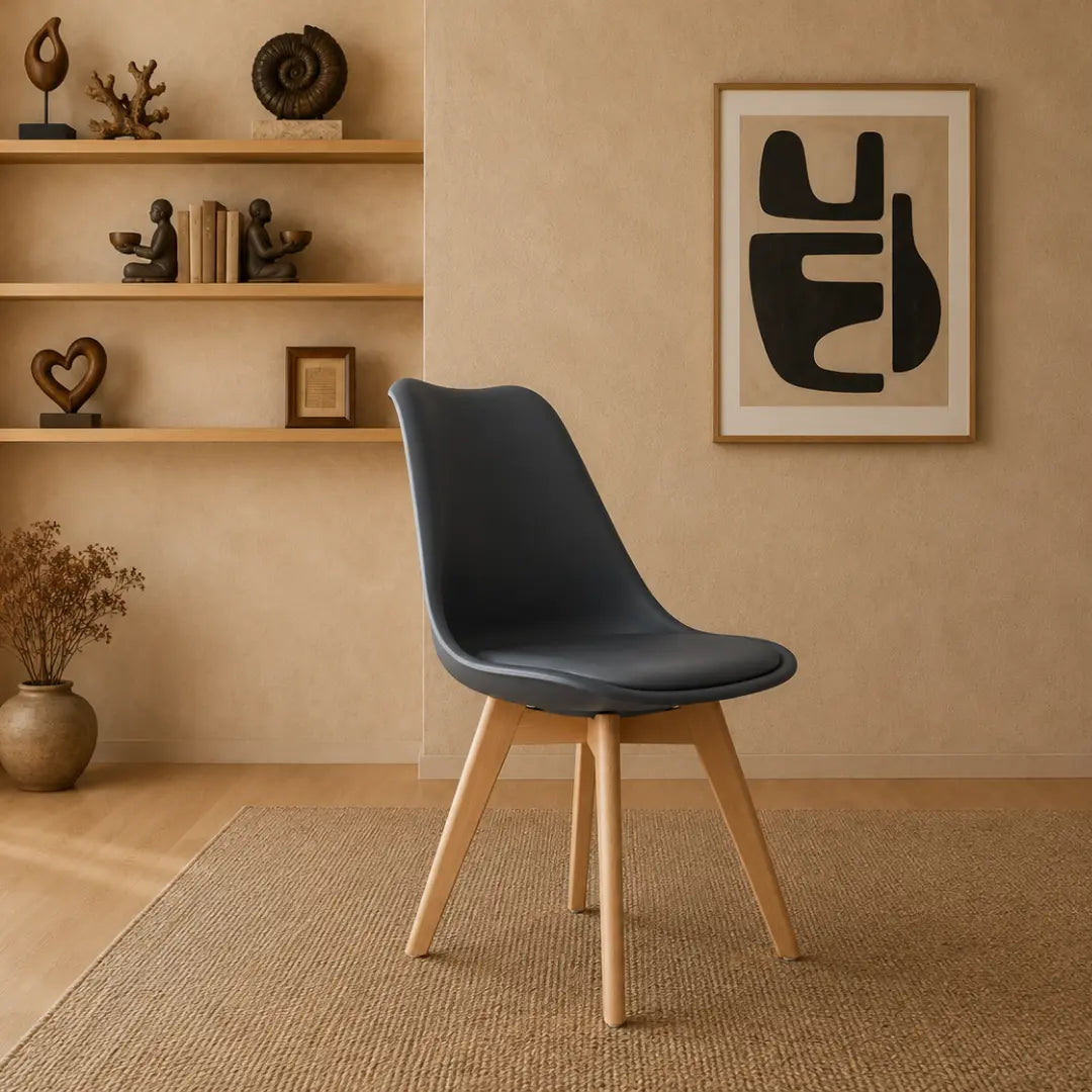 Velets Set of 4 Casper Upholstered Black Plastic Dining Chairs with Wooden Legs
