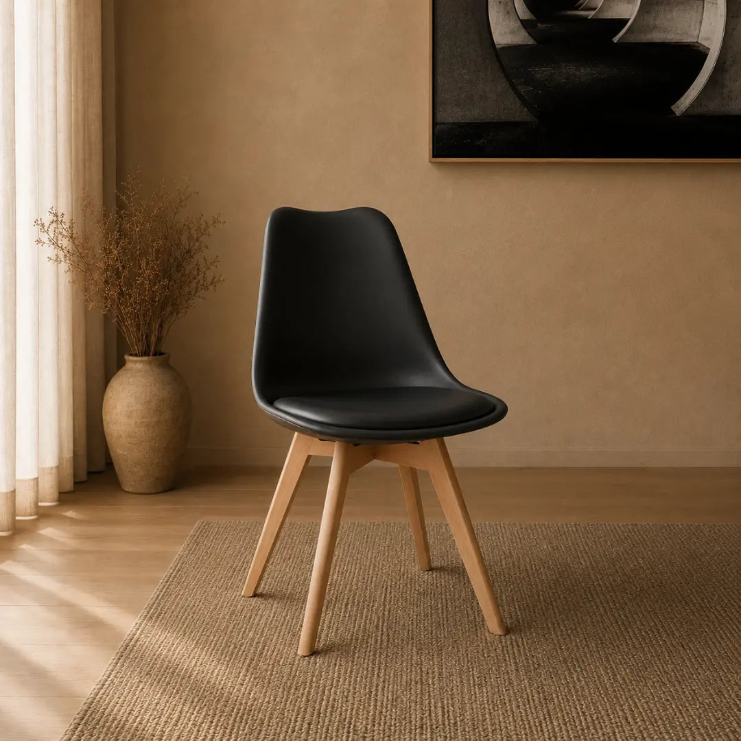 Velets Set of 4 Casper Upholstered Black Plastic Dining Chairs with Wooden Legs

