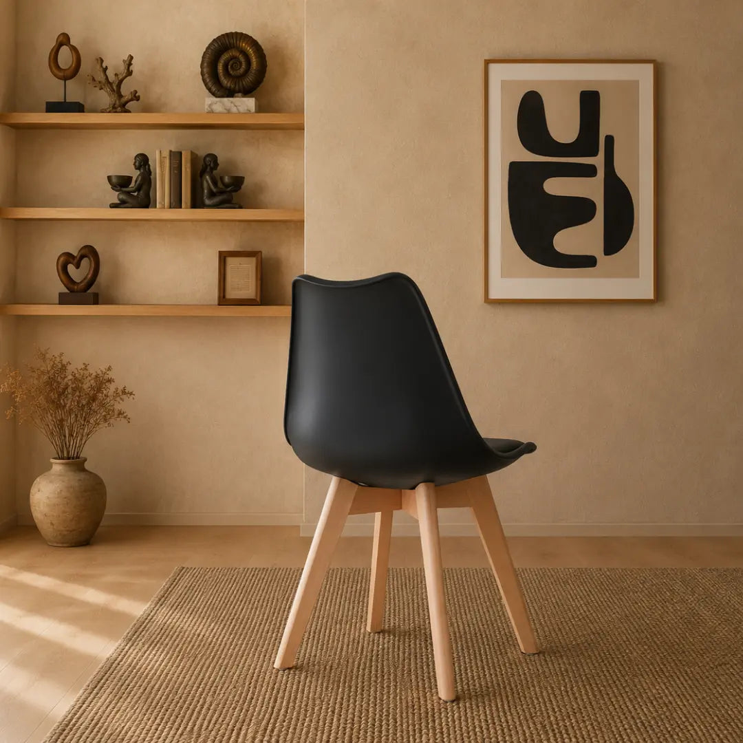 Velets Set of 4 Casper Upholstered Black Plastic Dining Chairs with Wooden Legs