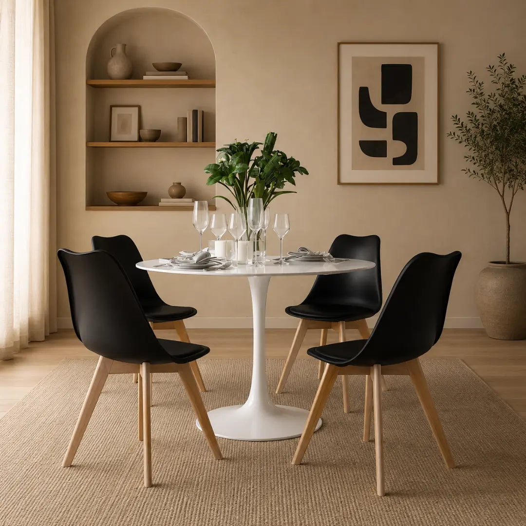 Velets Set of 4 Casper Upholstered Black Plastic Dining Chairs with Wooden Legs
