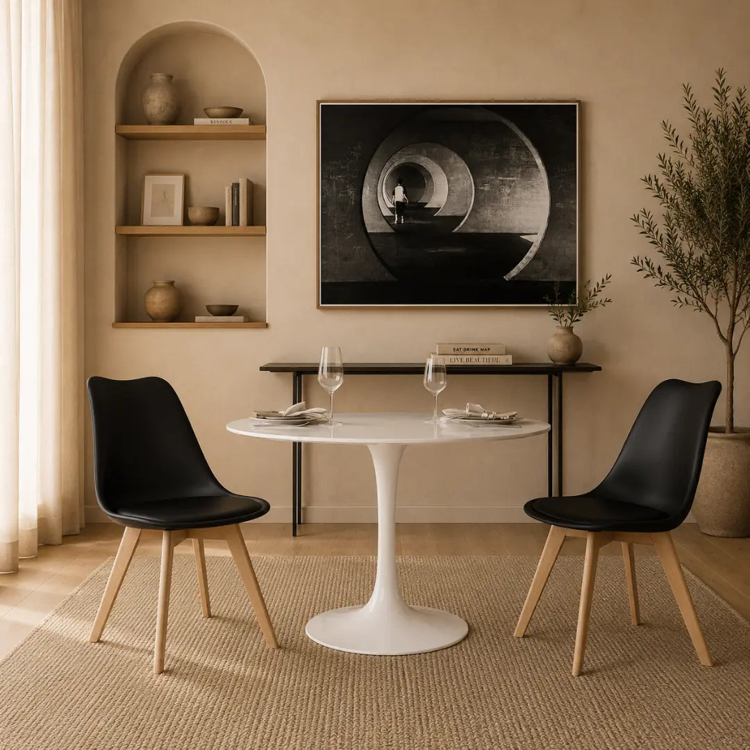 Velets Set of 4 Casper Upholstered Black Plastic Dining Chairs with Wooden Legs
