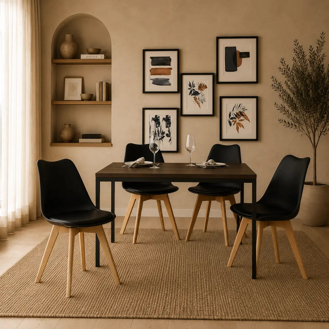 Velets Set of 4 Casper Upholstered Black Plastic Dining Chairs with Wooden Legs
