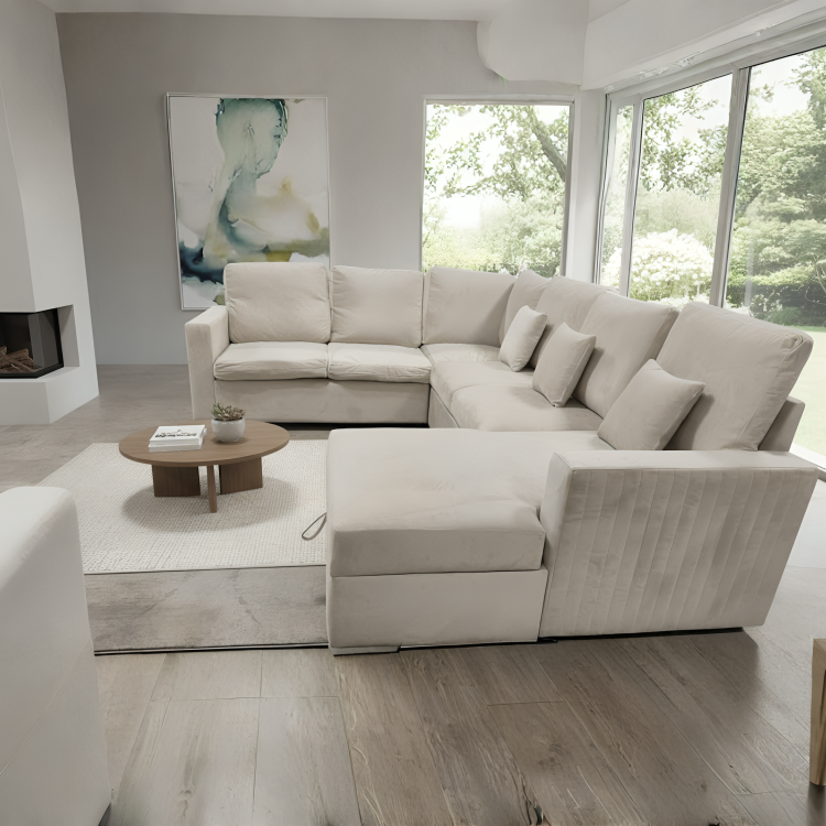 Viana Storage U Shape Velvet Beige Sofa