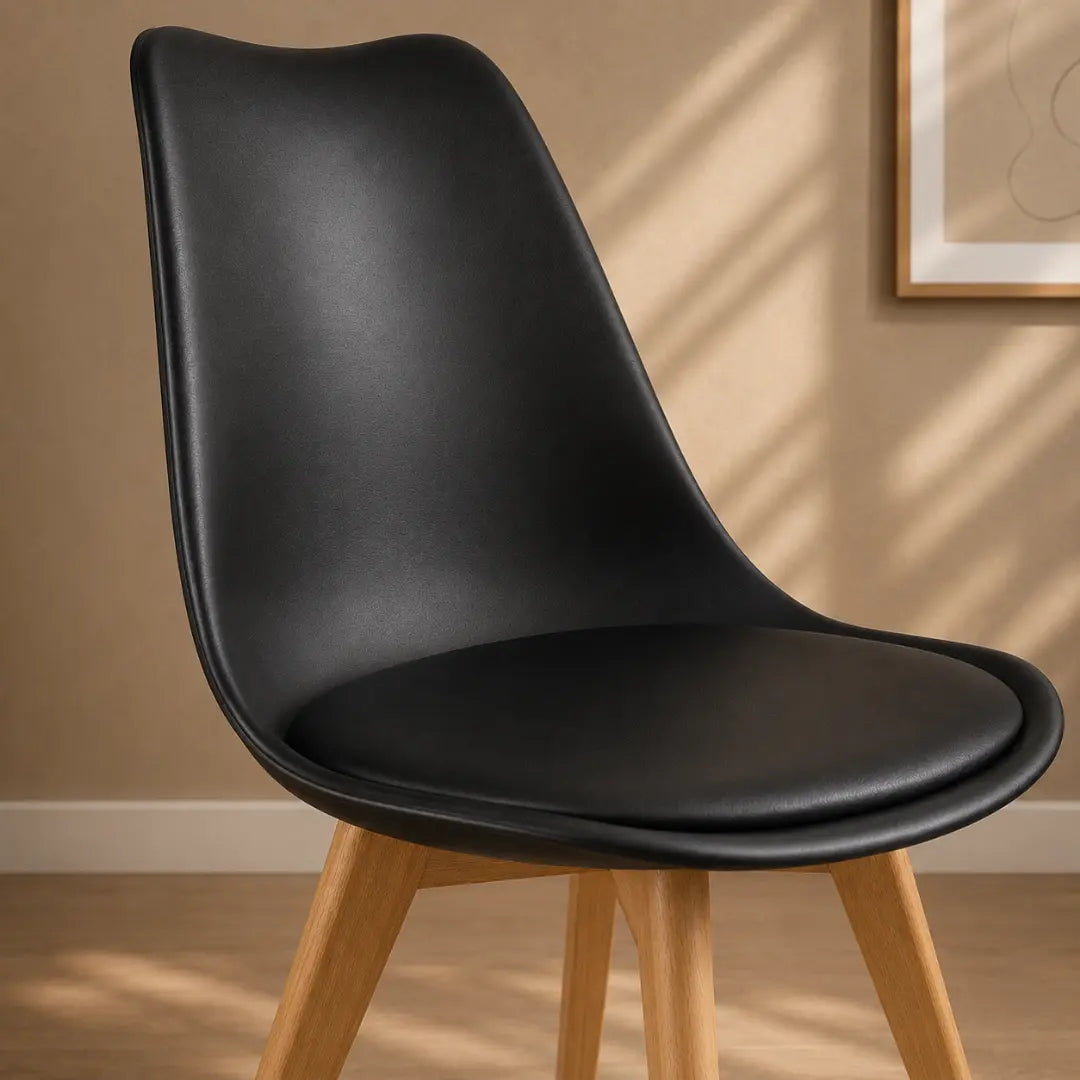 Velets Set of 4 Casper Upholstered Black Plastic Dining Chairs with Wooden Legs
