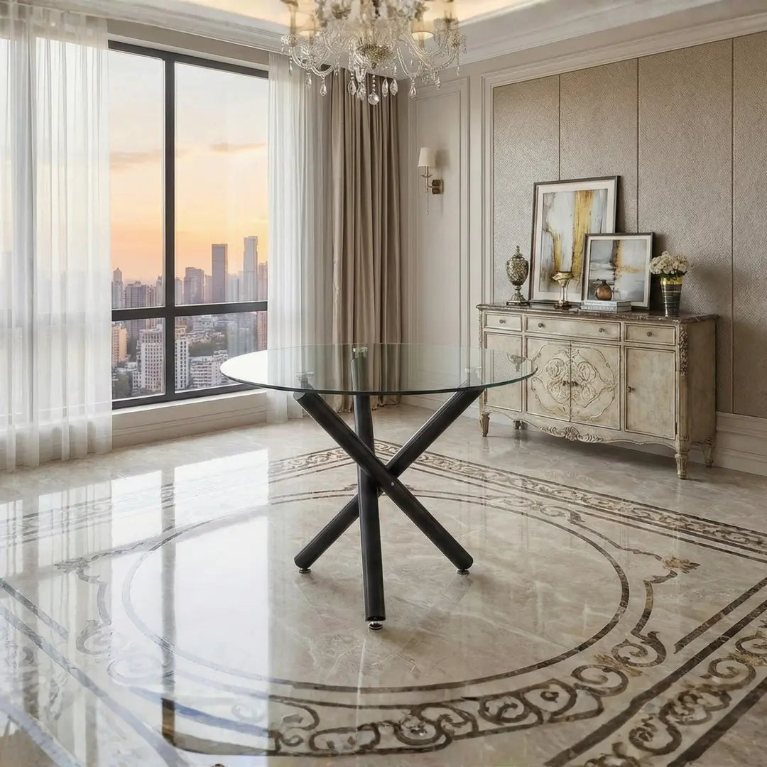 36" Inches Luna Round Glass Top with Sturdy Black Legs