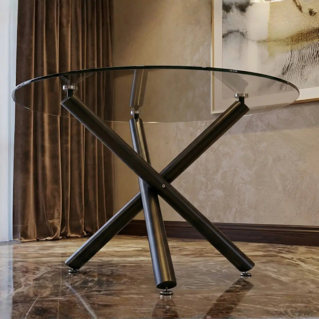 36" Inches Luna Round Glass Top with Sturdy Black Legs