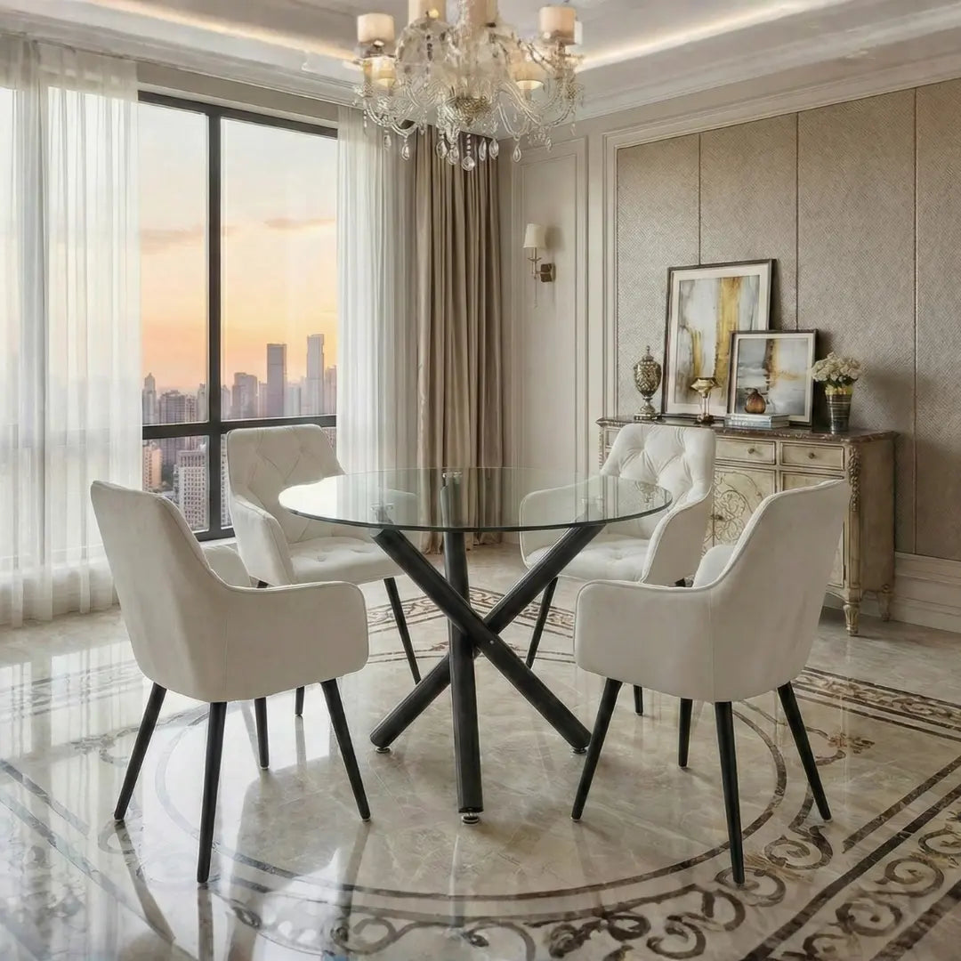 36" Inches Luna Round Glass Top with Sturdy Black Legs