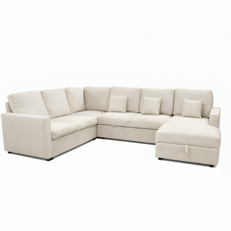 Viana Storage U Shape Velvet Beige Sofa
