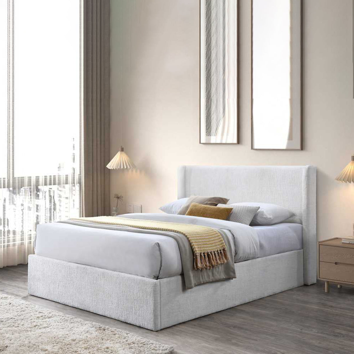 Jasper Lift-Up Storage Boucle Bed – White