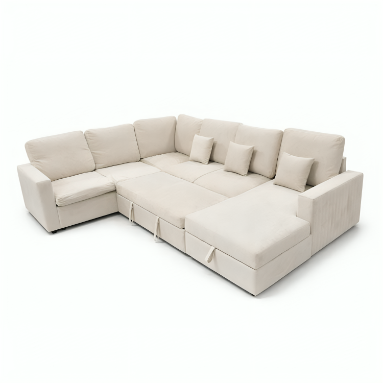 Viana Storage U Shape Velvet Beige Sofa