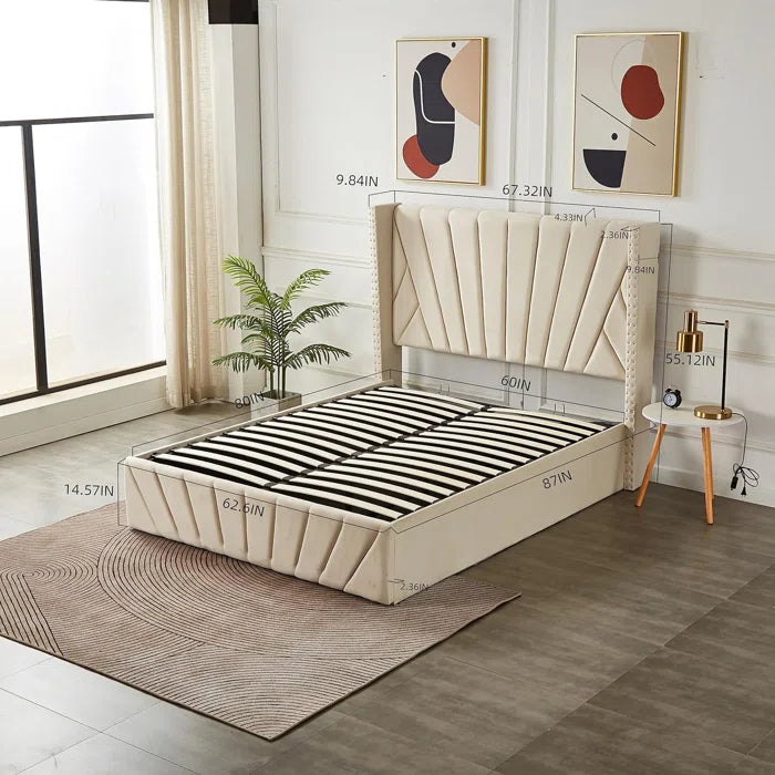 Velets Eva Contemporary Mid-Century Soft Padded Upholstered Platform Storage Bed Frame with Hydraulic Gas Lift Storage - Solid Wood Frame, Wood Slat System & Smart Hydraulic Under-Bed Storage - Charcoal Gray