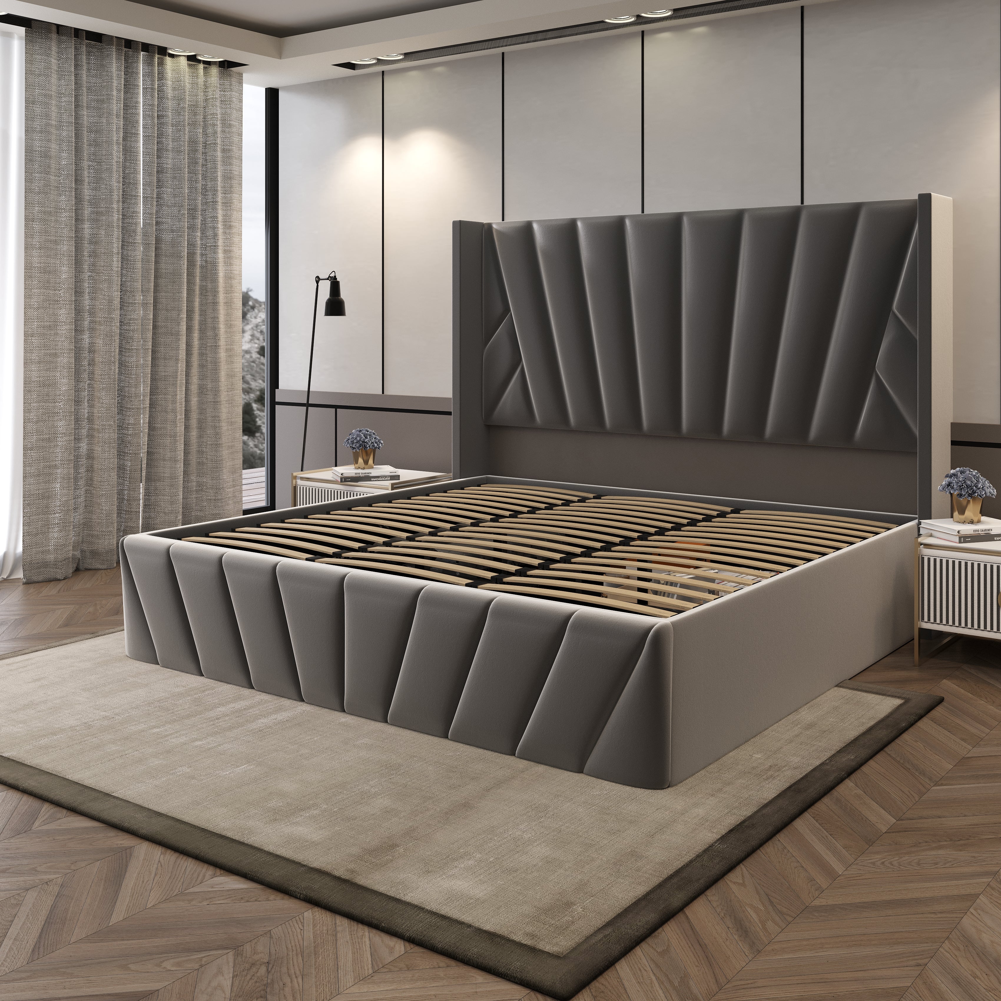 Velets Eva Contemporary Mid-Century Soft Padded Upholstered Platform Storage Bed Frame with Hydraulic Gas Lift Storage - Solid Wood Frame, Wood Slat System & Smart Hydraulic Under-Bed Storage - Charcoal Gray
