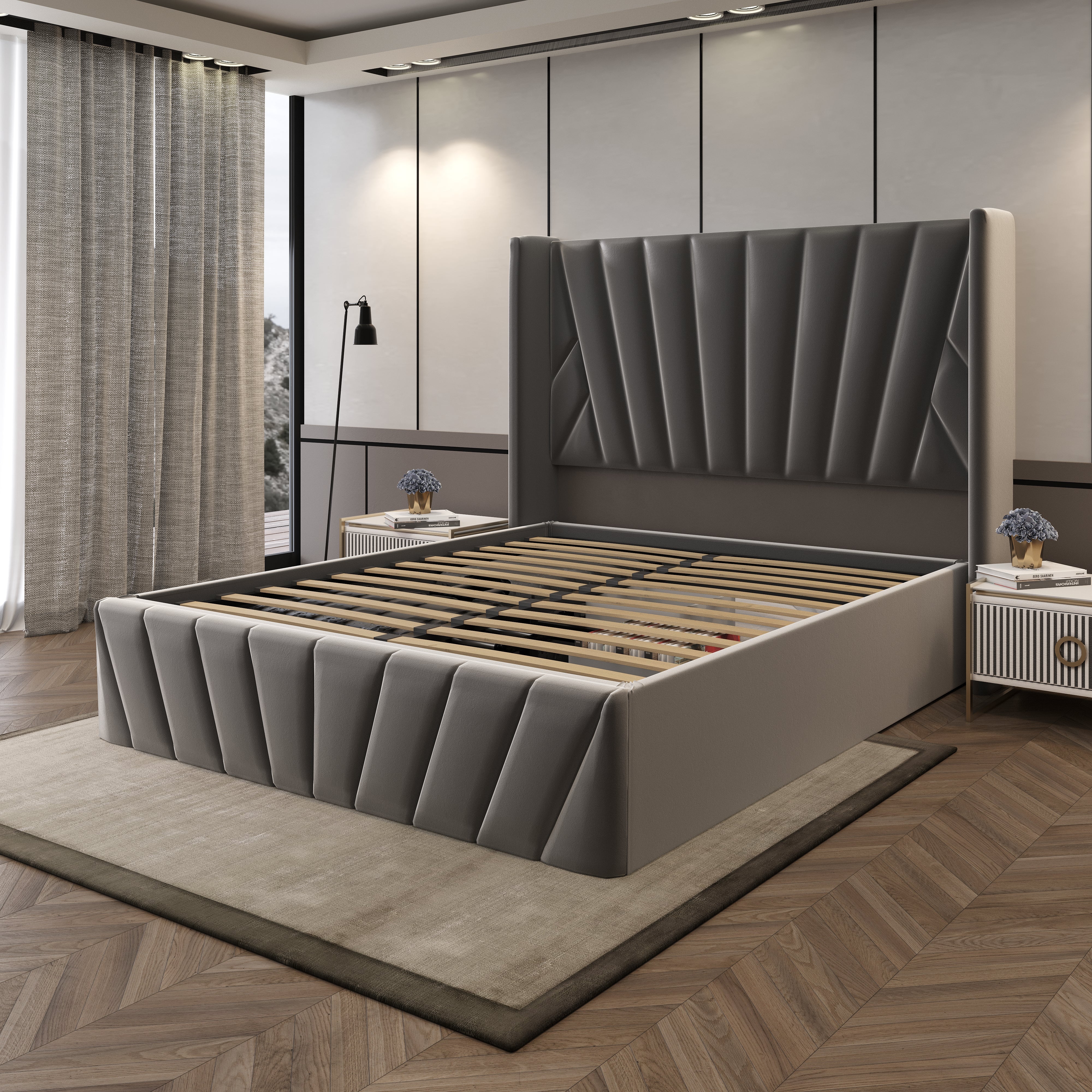 Velets Eva Contemporary Mid-Century Soft Padded Upholstered Platform Storage Bed Frame with Hydraulic Gas Lift Storage - Solid Wood Frame, Wood Slat System & Smart Hydraulic Under-Bed Storage - Charcoal Gray